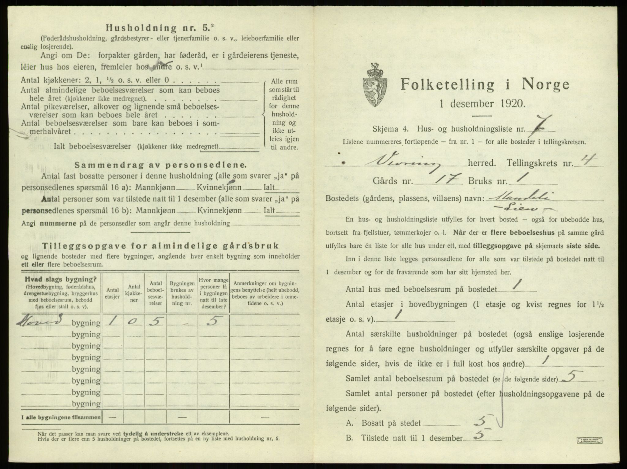 SAB, 1920 census for Vevring, 1920, p. 198