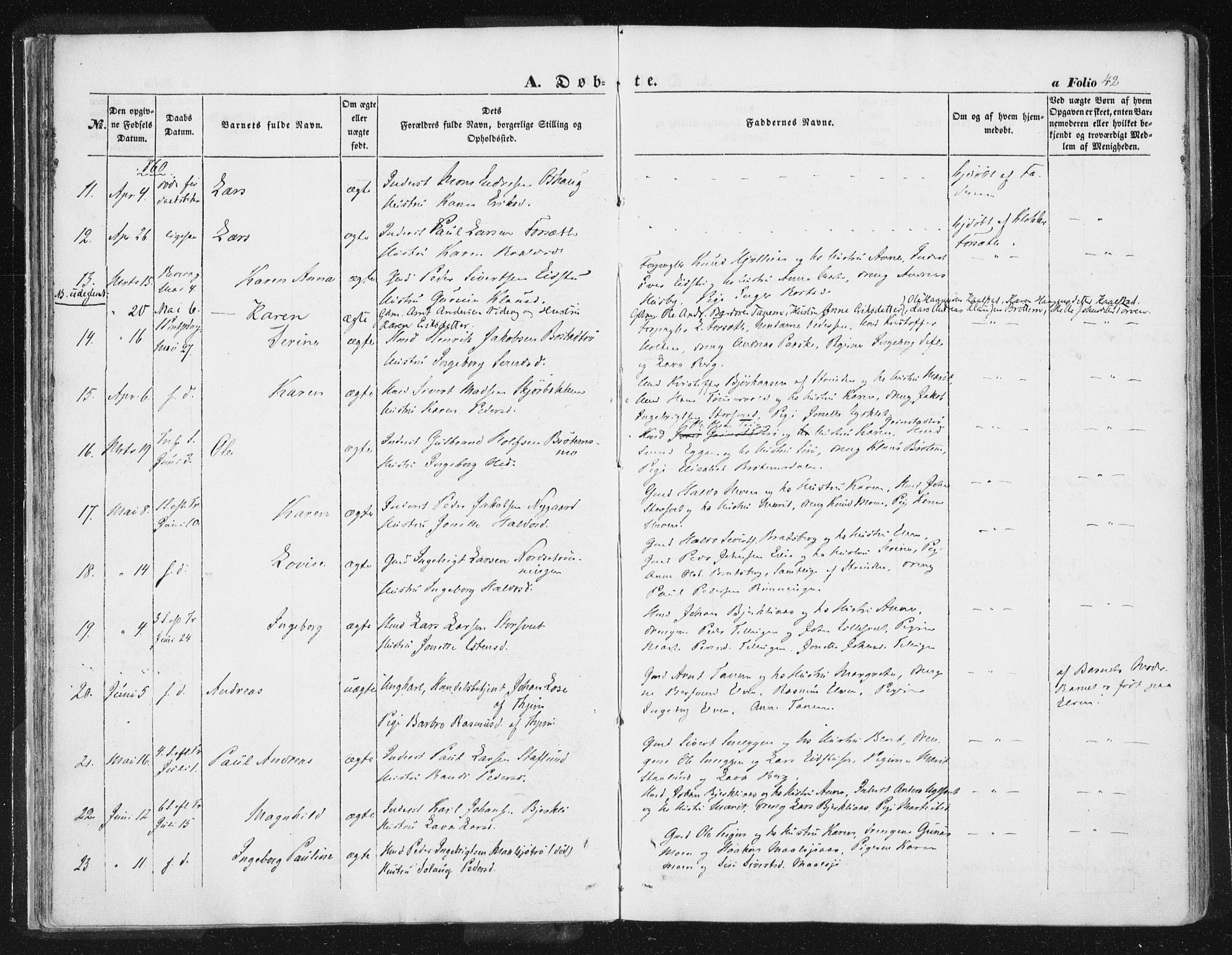 Ministerialprotokoller, klokkerbøker og fødselsregistre - Sør-Trøndelag, SAT/A-1456/618/L0441: Parish register (official) no. 618A05, 1843-1862, p. 42