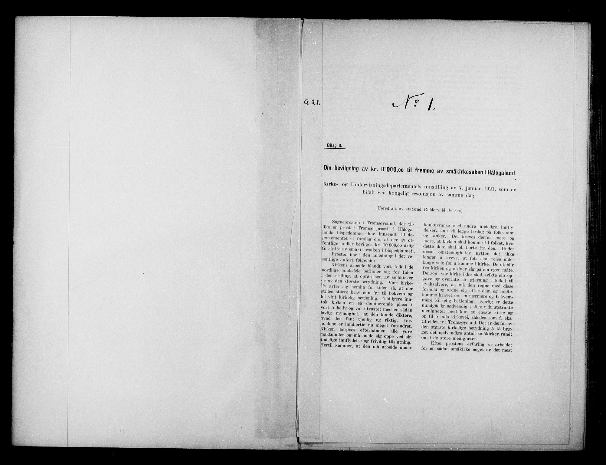 Kirke- og undervisningsdepartementet, Kontoret  for kirke og geistlighet A, RA/S-1007/A/Aa/L0334: Referatprotokoll bd. 1. Ref.nr. 1-160, 1921