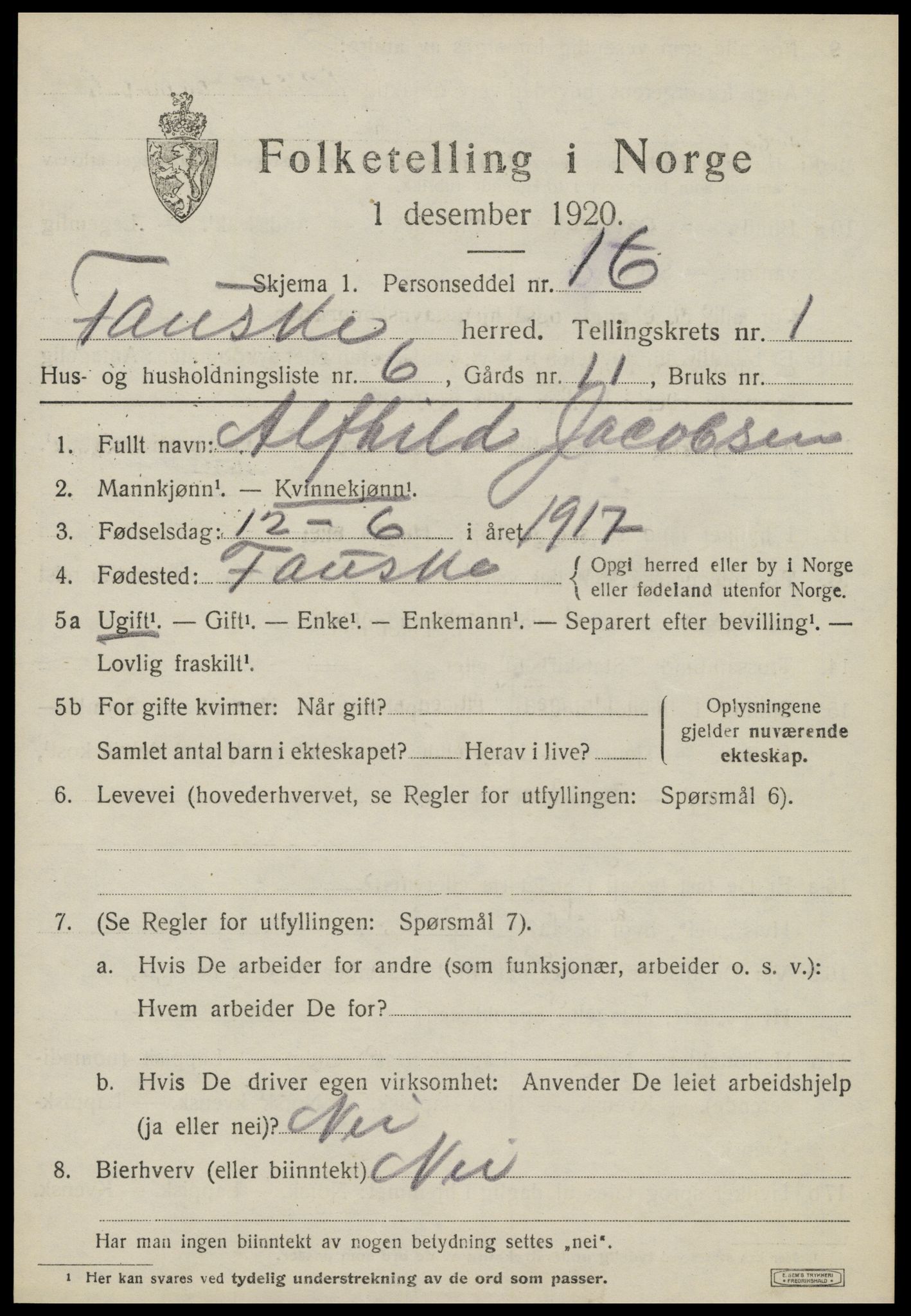 SAT, 1920 census for Fauske, 1920, p. 2136