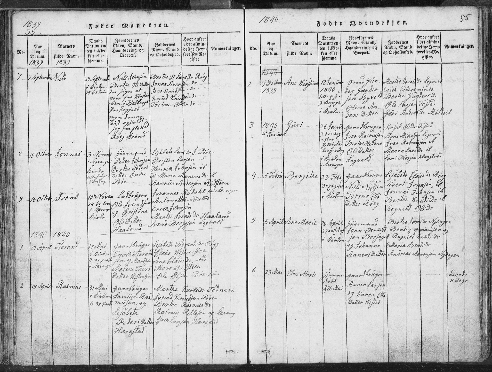 Hetland sokneprestkontor, SAST/A-101826/30/30BA/L0001: Parish register (official) no. A 1, 1816-1856, p. 55