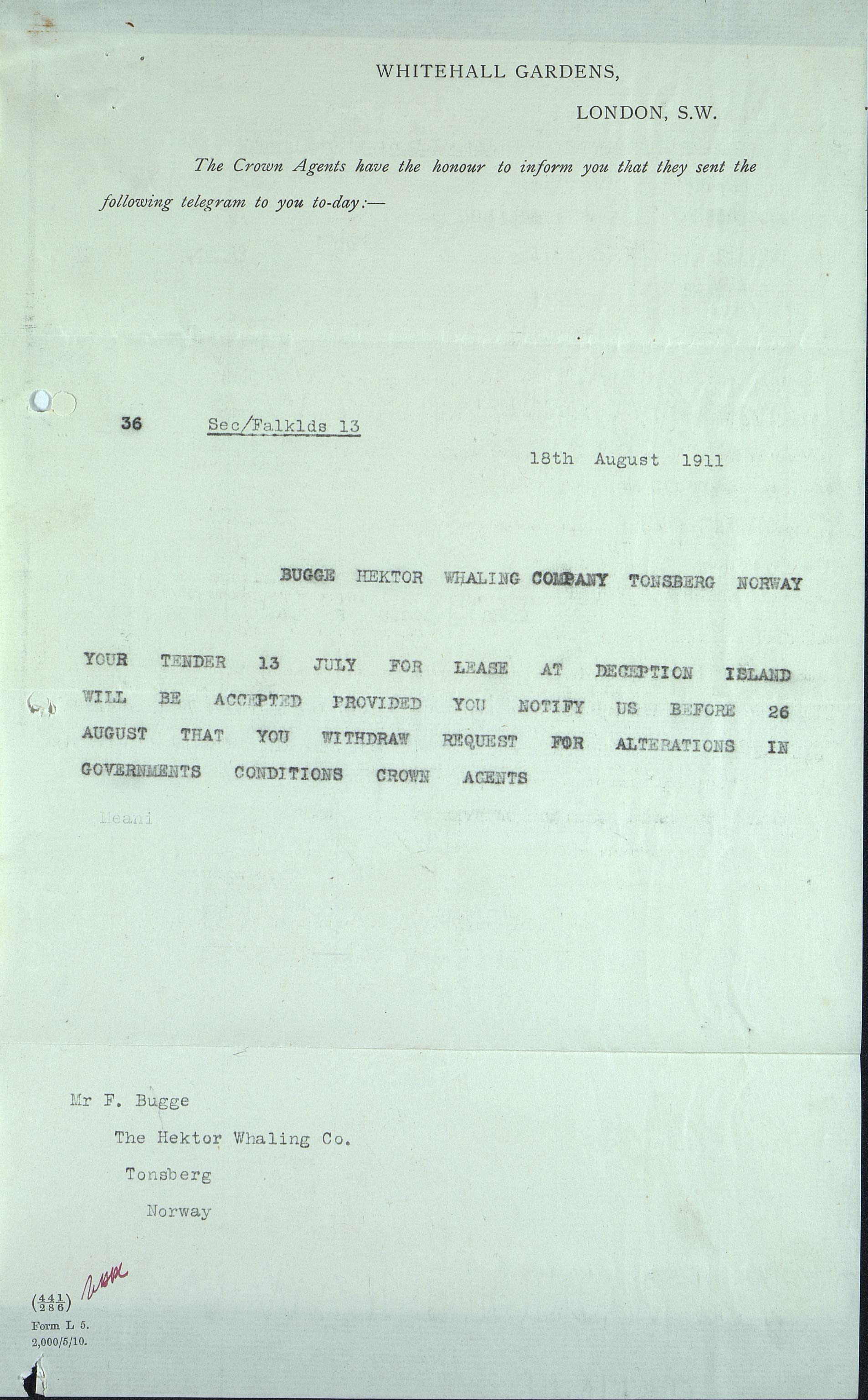 Pa 258 - N. Bugge AS, VEMU/A-1326/E/Ea/L0001/0001: Lisensavtaler og korrespondanse med Britiske myndigheter / The Crown Agents for the Colonies, 1911-1920