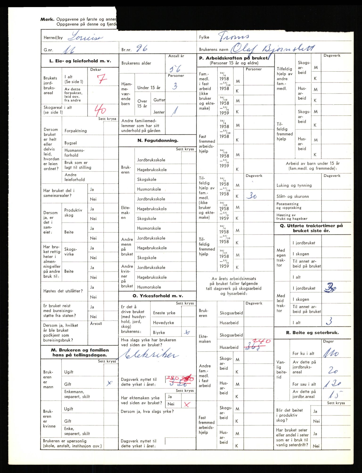 Statistisk sentralbyrå, Næringsøkonomiske emner, Jordbruk, skogbruk, jakt, fiske og fangst, AV/RA-S-2234/G/Gd/L0656: Troms: 1924 Målselv (kl. 0-3) og 1925 Sørreisa, 1959, p. 1361