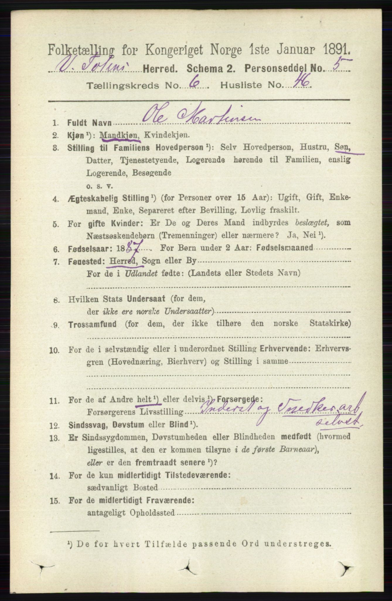 RA, 1891 census for 0529 Vestre Toten, 1891, p. 4101