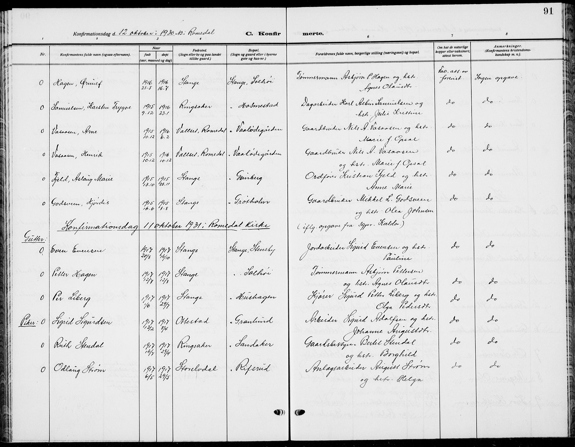 Stange prestekontor, AV/SAH-PREST-002/L/L0018: Parish register (copy) no. 18, 1929-1937, p. 91