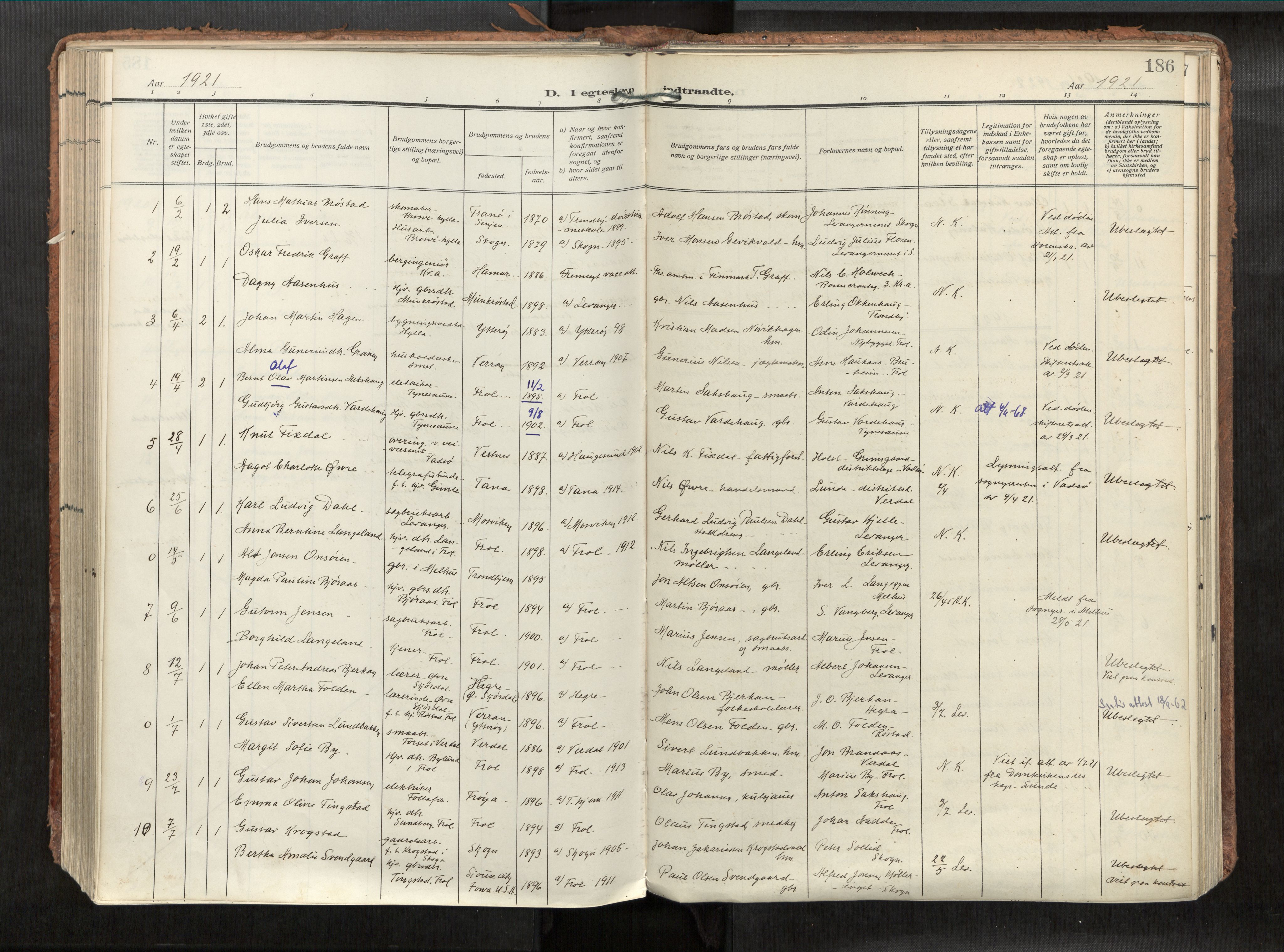 Levanger sokneprestkontor, SAT/A-1301/2/H/Haa/L0002: Parish register (official) no. 2, 1912-1935, p. 186