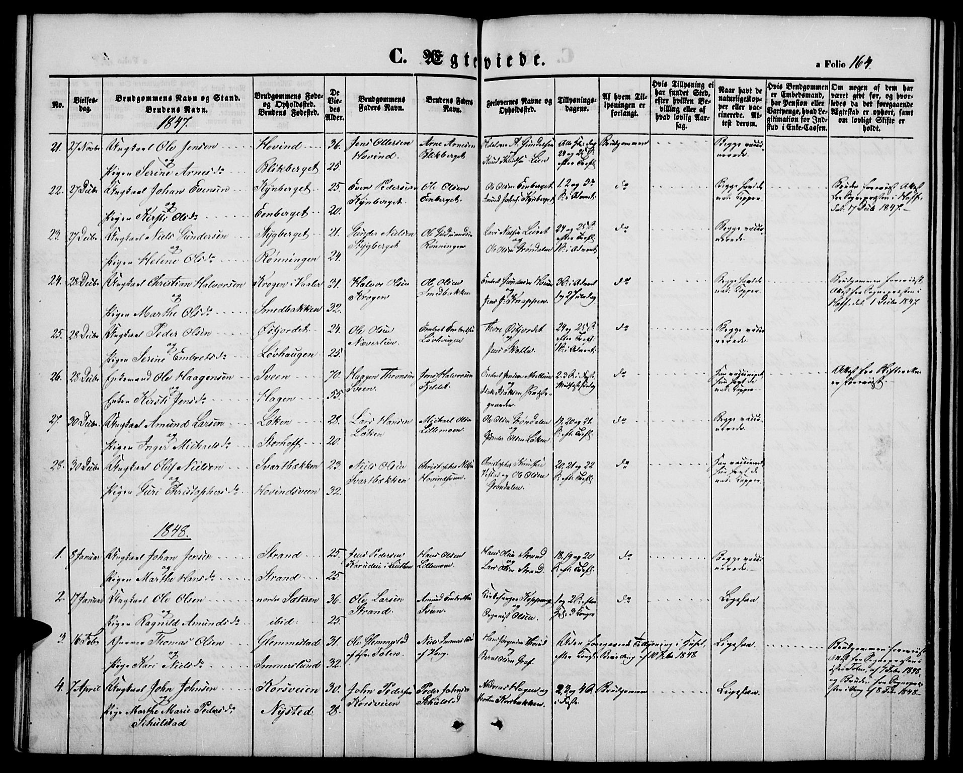 Elverum prestekontor, AV/SAH-PREST-044/H/Ha/Hab/L0002: Parish register (copy) no. 2, 1845-1855, p. 164