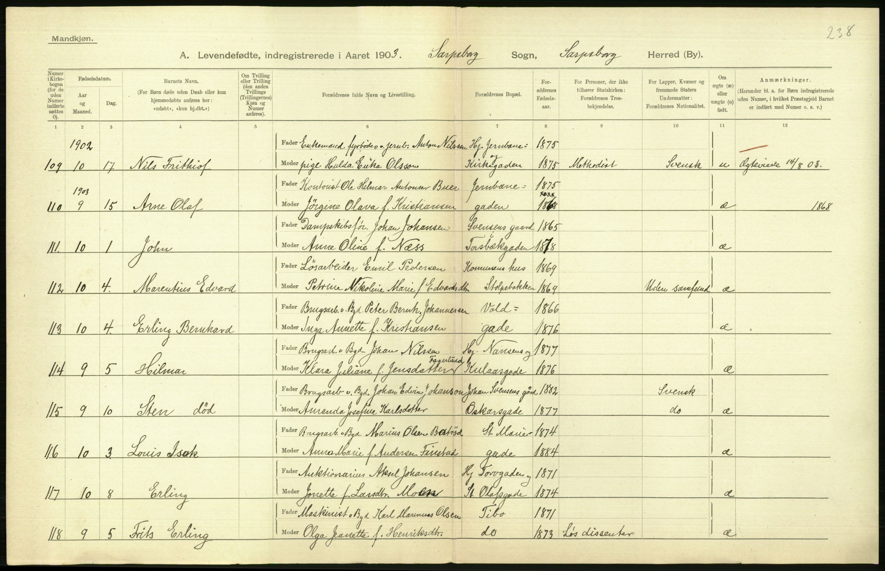 Statistisk sentralbyrå, Sosiodemografiske emner, Befolkning, AV/RA-S-2228/D/Df/Dfa/Dfaa/L0001: Smålenenes amt: Fødte, gifte, døde, 1903, p. 364