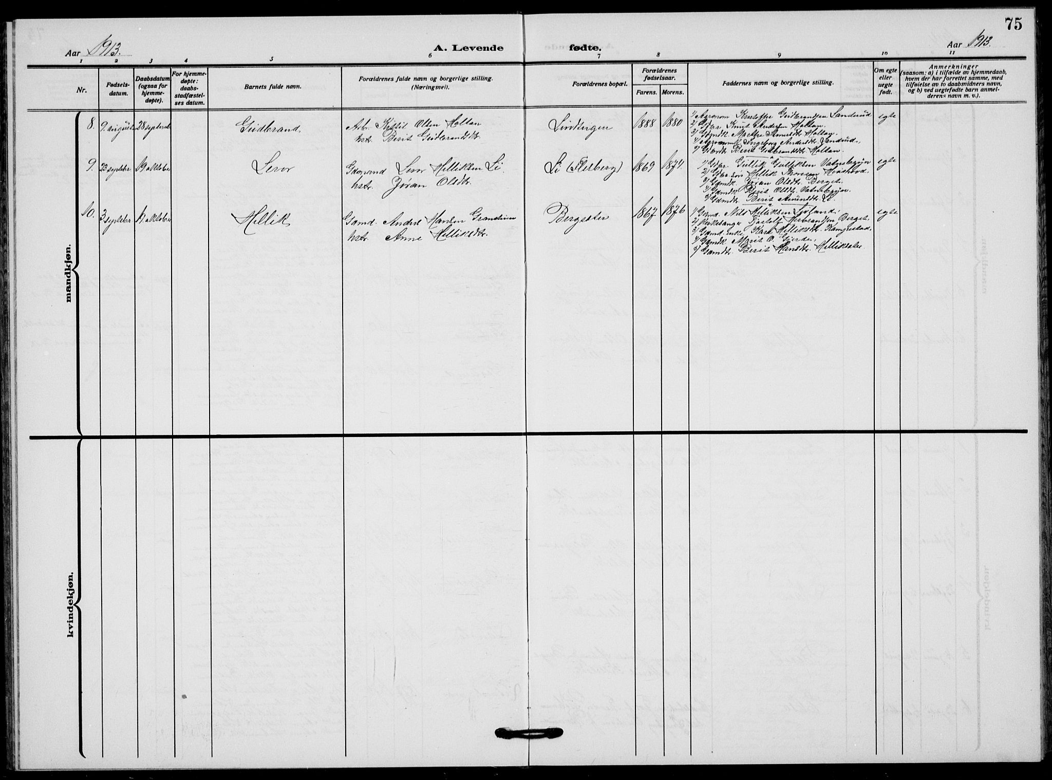 Flesberg kirkebøker, AV/SAKO-A-18/G/Ga/L0006: Parish register (copy) no. I 6, 1909-1924, p. 75
