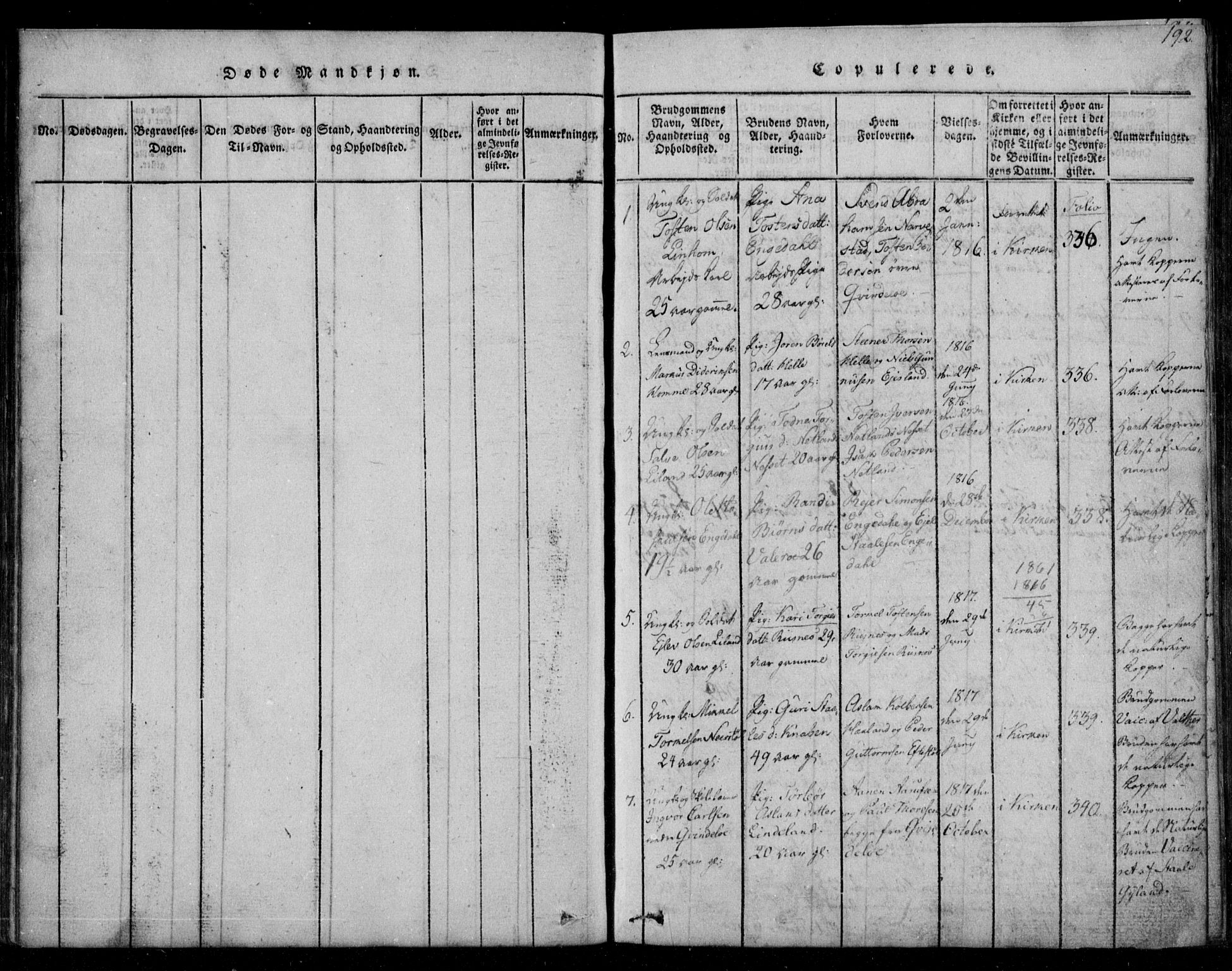 Fjotland sokneprestkontor, SAK/1111-0010/F/Fb/L0001: Parish register (copy) no. B 1, 1816-1849, p. 192