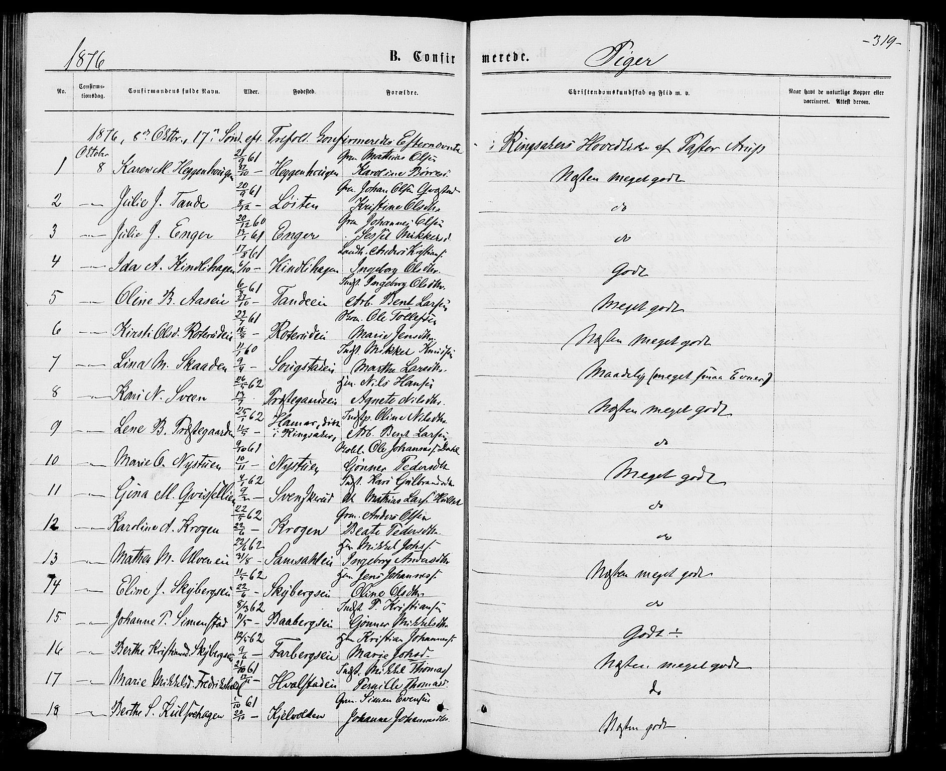 Ringsaker prestekontor, AV/SAH-PREST-014/L/La/L0008: Parish register (copy) no. 8, 1870-1878, p. 319