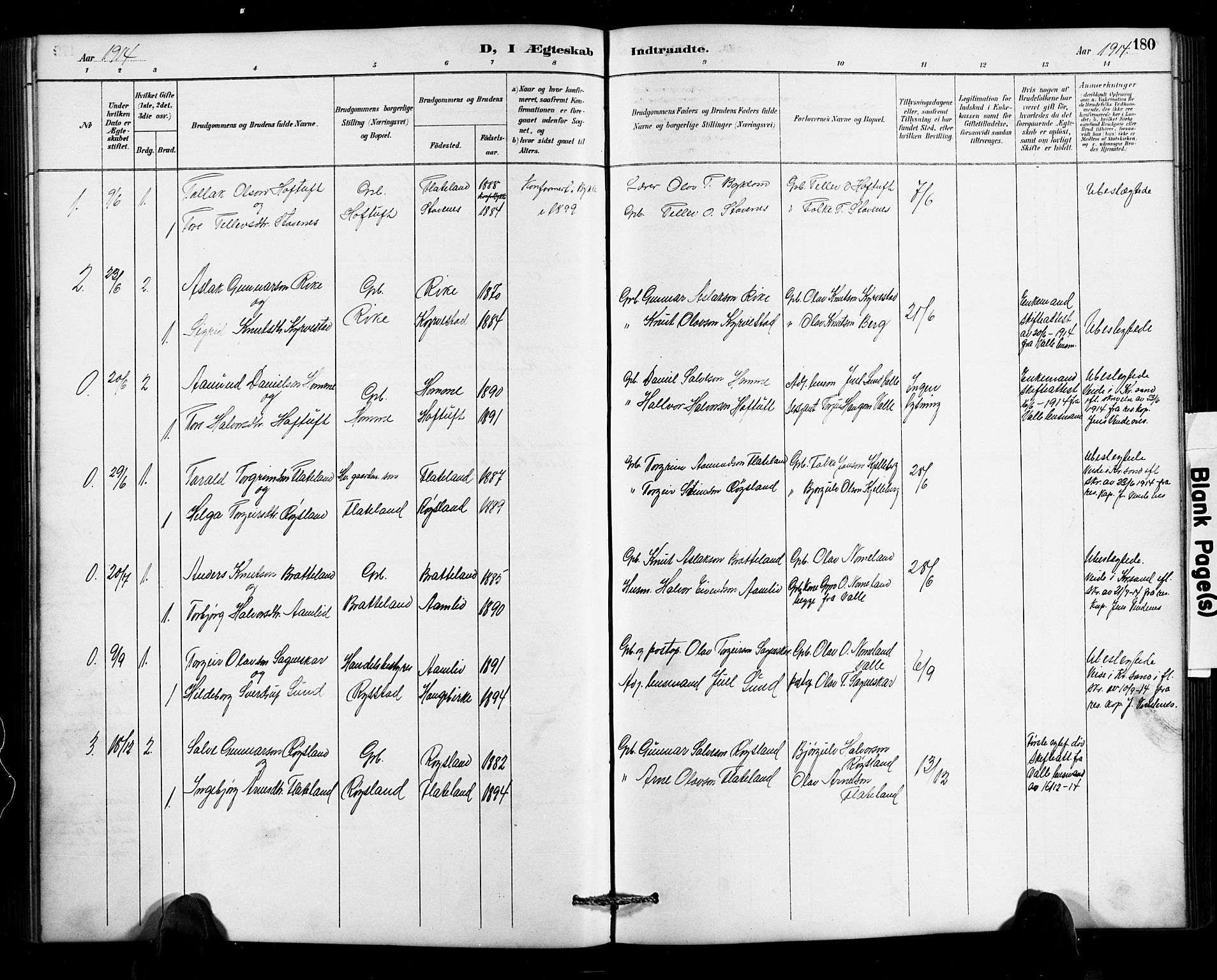 Valle sokneprestkontor, SAK/1111-0044/F/Fb/Fbc/L0004: Parish register (copy) no. B 4, 1890-1928, p. 180