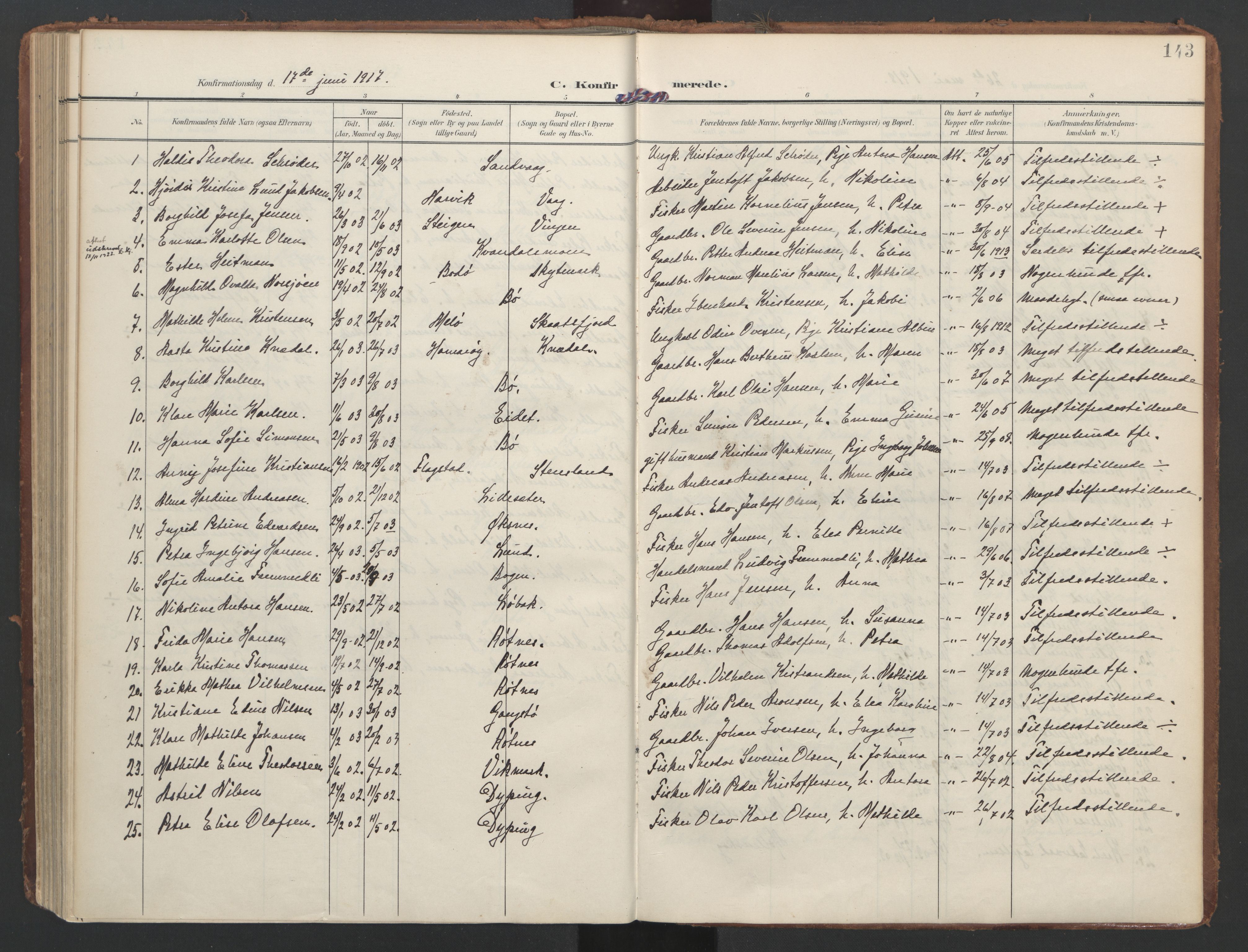 Ministerialprotokoller, klokkerbøker og fødselsregistre - Nordland, AV/SAT-A-1459/855/L0805: Parish register (official) no. 855A13, 1906-1920, p. 143