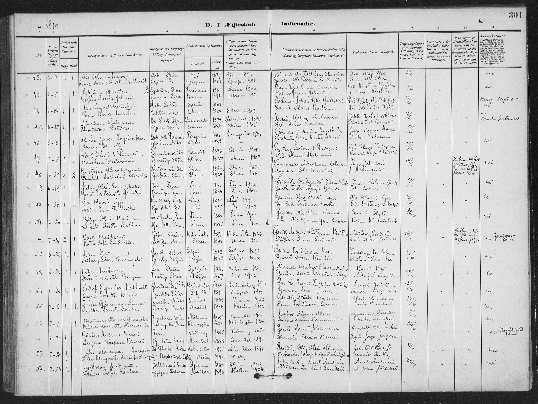 Skien kirkebøker, SAKO/A-302/F/Fa/L0012: Parish register (official) no. 12, 1908-1914, p. 301