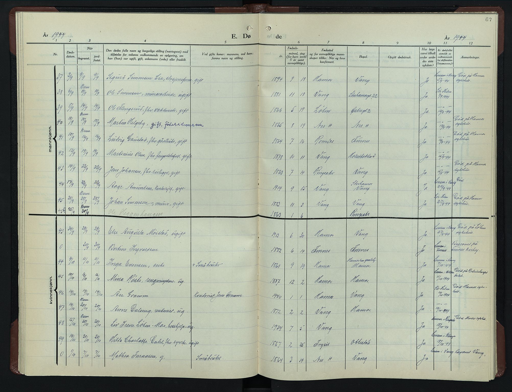 Hamar prestekontor, AV/SAH-DOMPH-002/H/Ha/Hab/L0007: Parish register (copy) no. 7, 1933-1950, p. 67