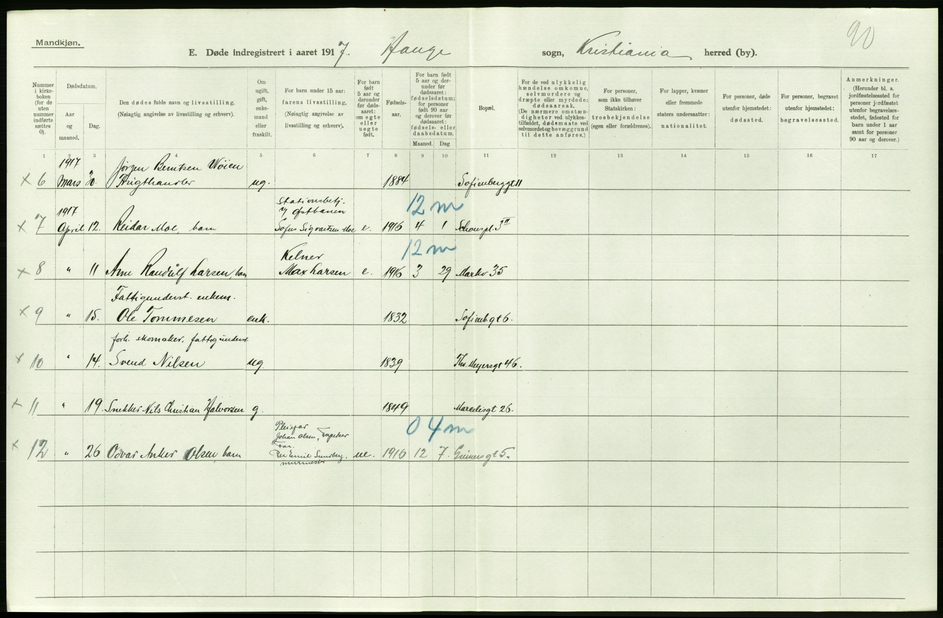 Statistisk sentralbyrå, Sosiodemografiske emner, Befolkning, RA/S-2228/D/Df/Dfb/Dfbg/L0011: Kristiania: Døde, dødfødte., 1917, p. 472