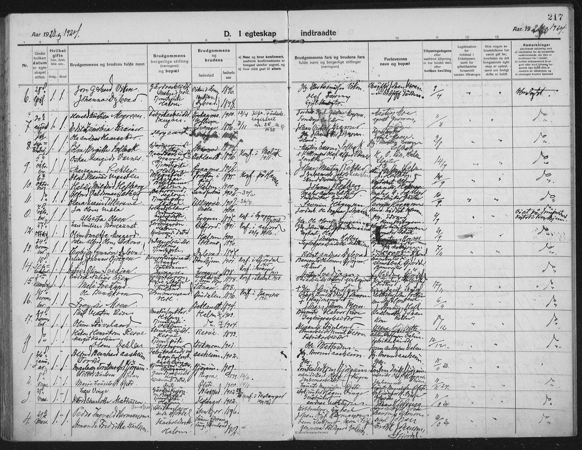 Ministerialprotokoller, klokkerbøker og fødselsregistre - Nord-Trøndelag, SAT/A-1458/709/L0083: Parish register (official) no. 709A23, 1916-1928, p. 217