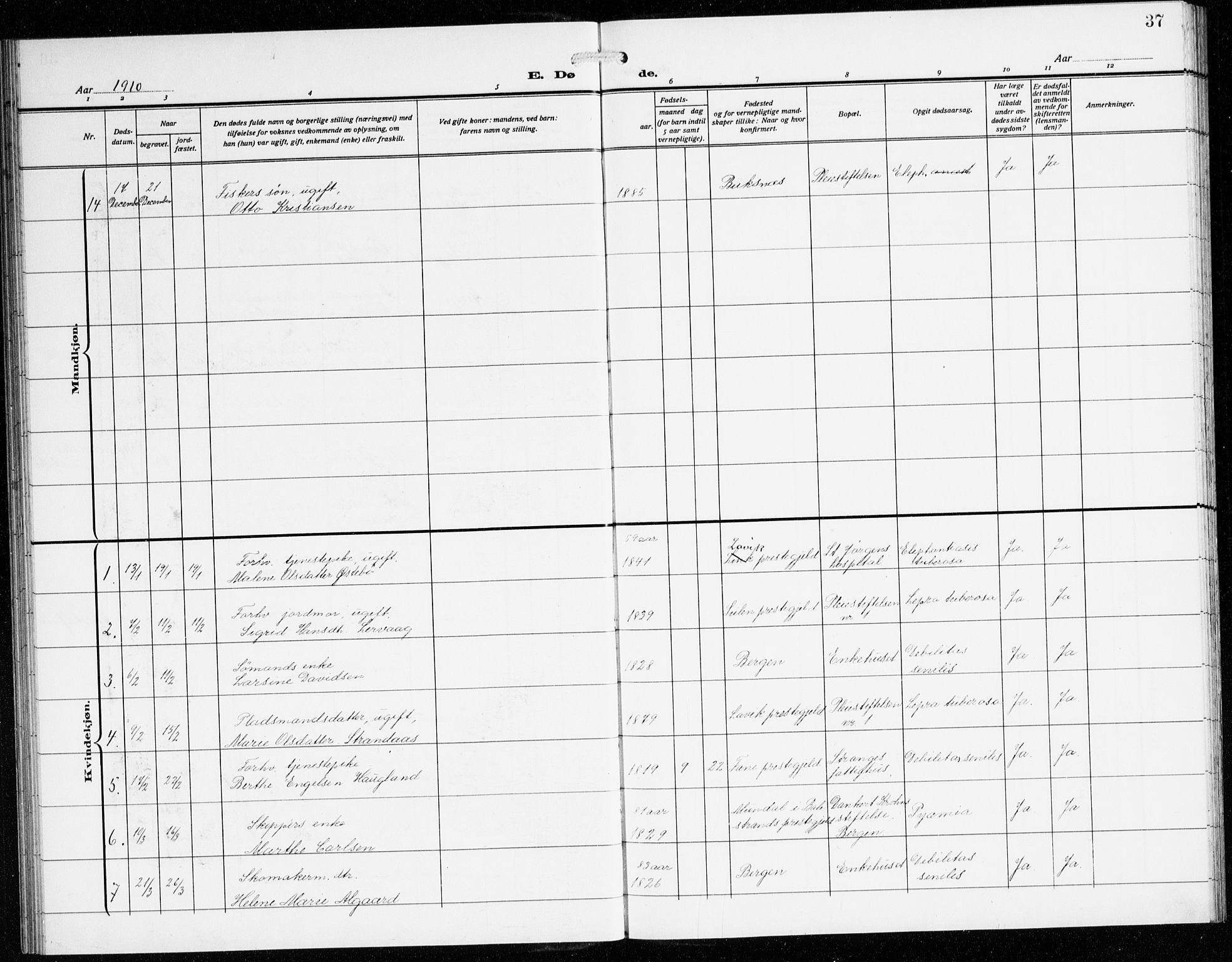 St. Jørgens hospital og Årstad sokneprestembete, AV/SAB-A-99934: Parish register (copy) no. A 11, 1909-1935, p. 37