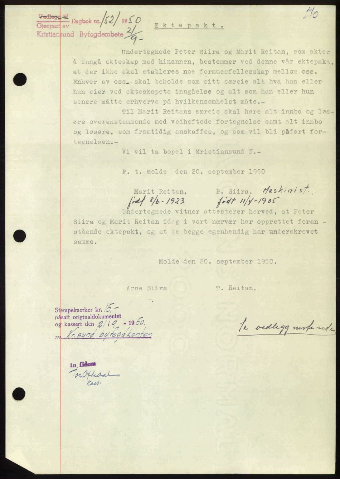 Kristiansund byfogd, AV/SAT-A-4587/A/27: Mortgage book no. 50, 1950-1950, Diary no: : 1521/1950