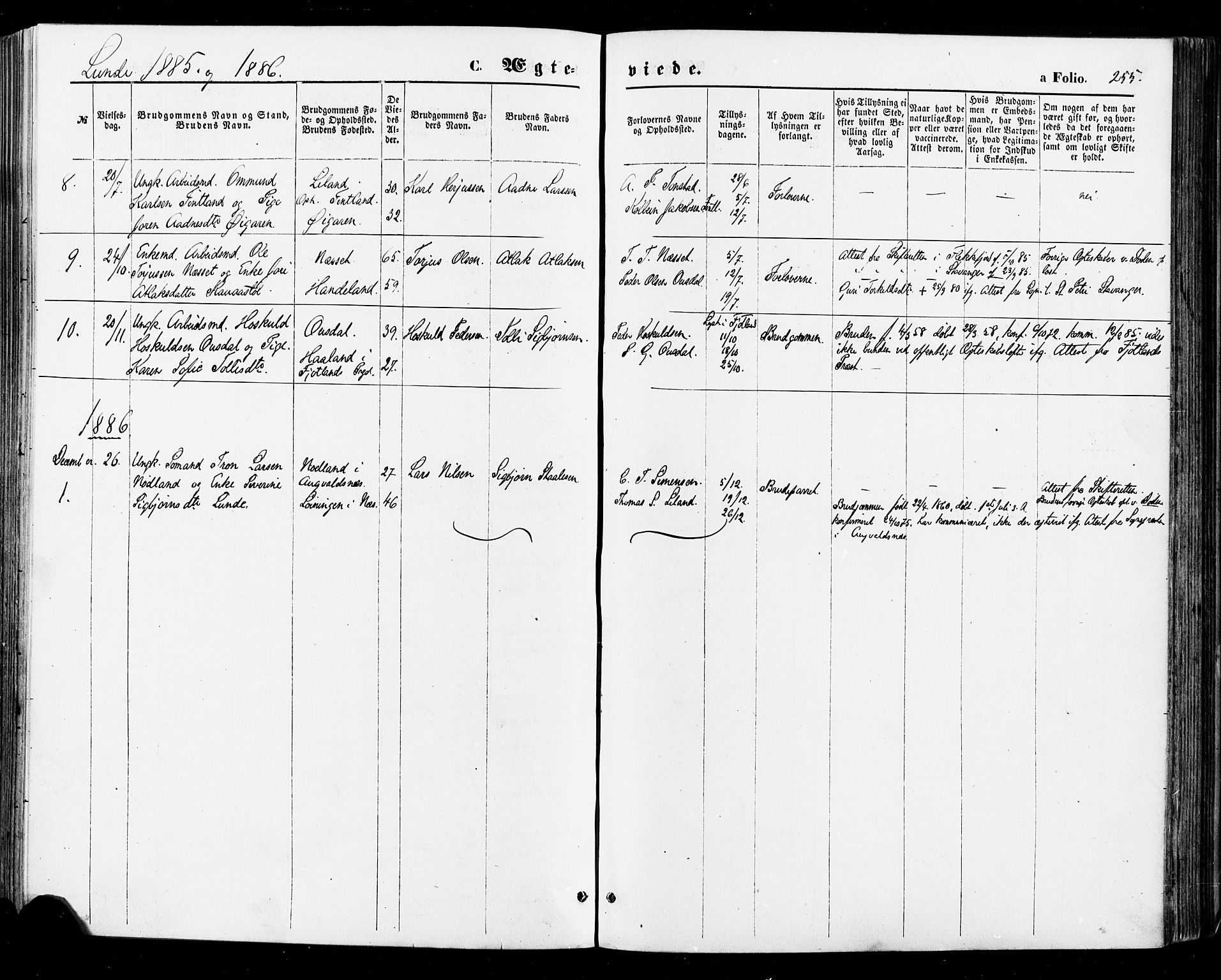 Sirdal sokneprestkontor, SAK/1111-0036/F/Fa/Fab/L0003: Parish register (official) no. A 3, 1874-1886, p. 255