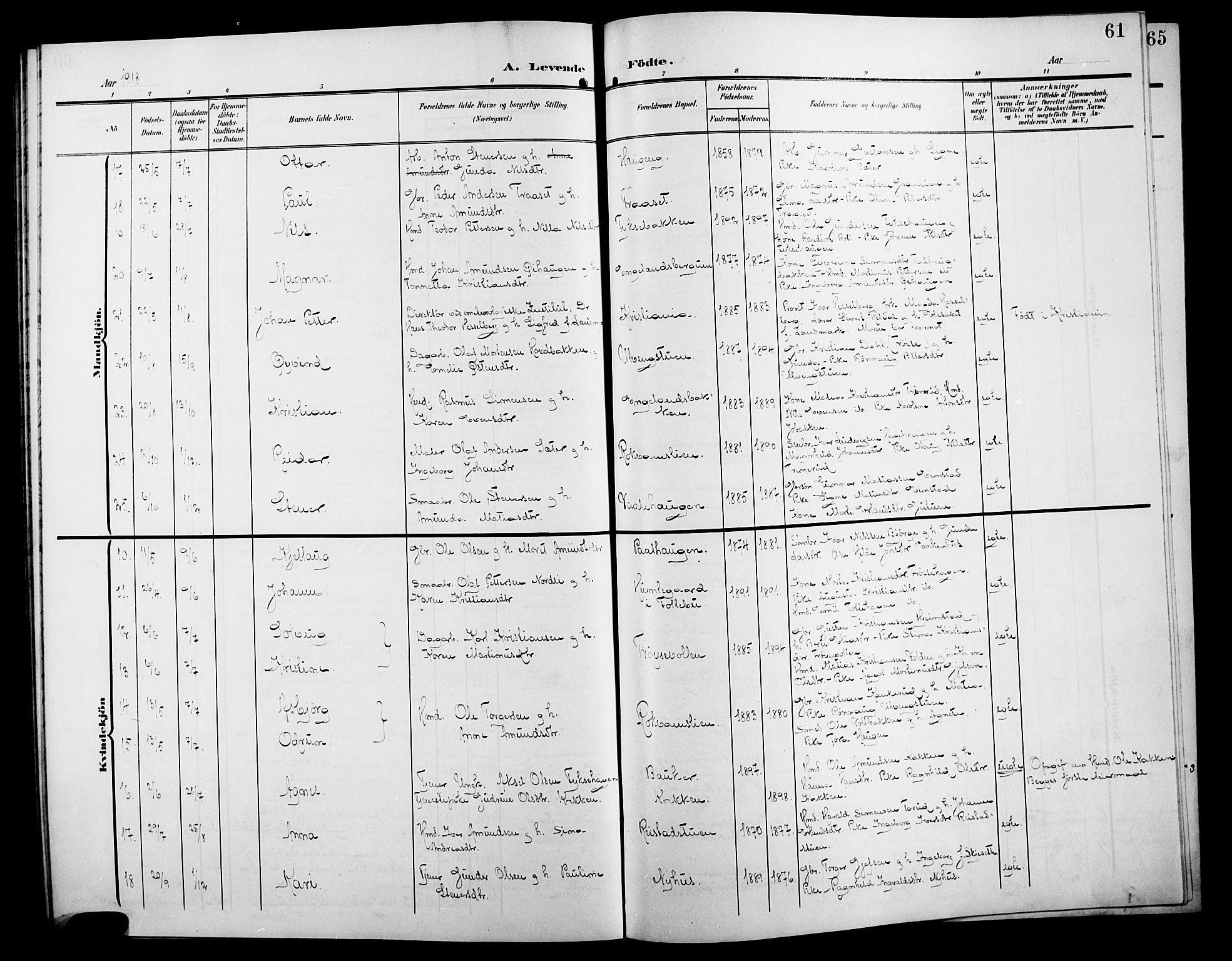 Østre Gausdal prestekontor, AV/SAH-PREST-092/H/Ha/Hab/L0004: Parish register (copy) no. 4, 1905-1923, p. 61