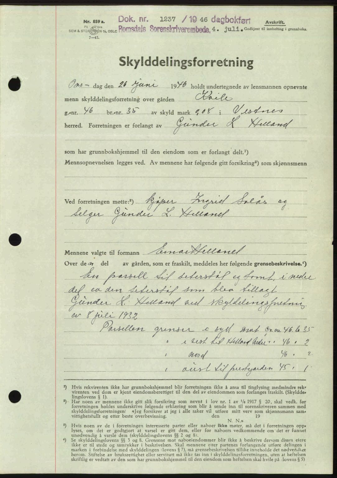 Romsdal sorenskriveri, AV/SAT-A-4149/1/2/2C: Mortgage book no. A20, 1946-1946, Diary no: : 1237/1946