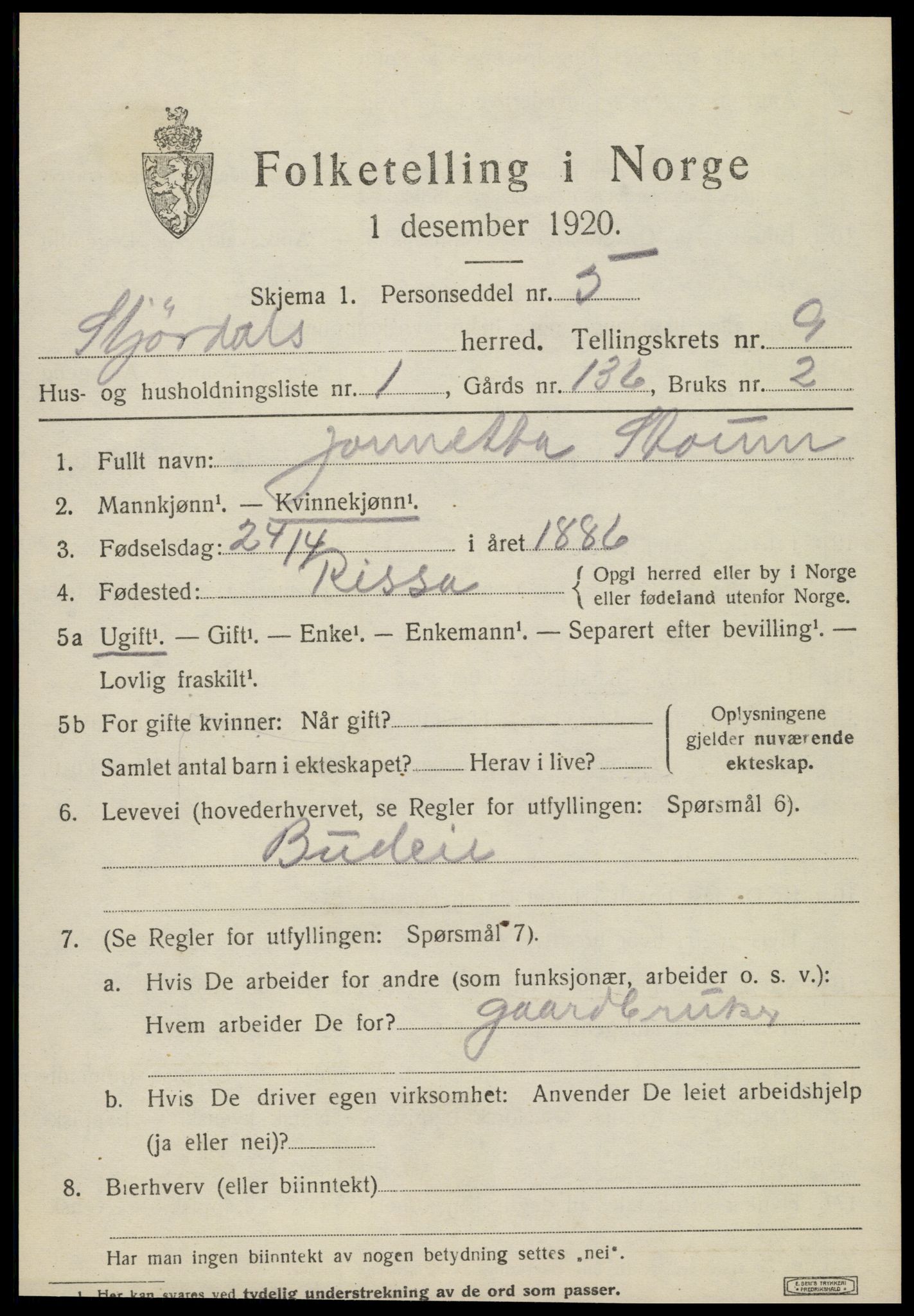 SAT, 1920 census for Stjørdal, 1920, p. 8284