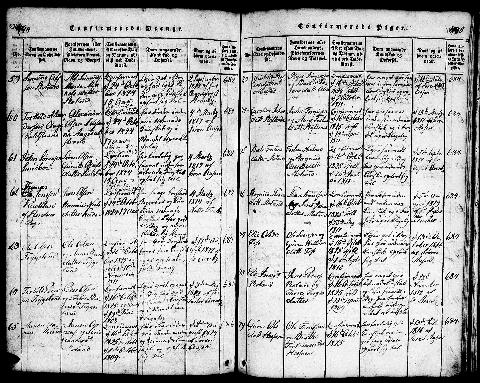 Bjelland sokneprestkontor, SAK/1111-0005/F/Fb/Fba/L0003: Parish register (copy) no. B 3, 1816-1870, p. 494-495