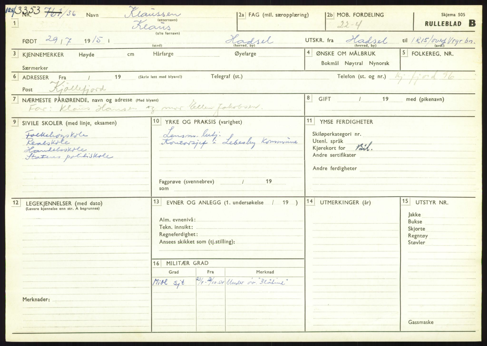 Forsvaret, Varanger bataljon, AV/RA-RAFA-2258/1/D/L0445: Rulleblad for menige født 1915-1916, 1915-1916, p. 122