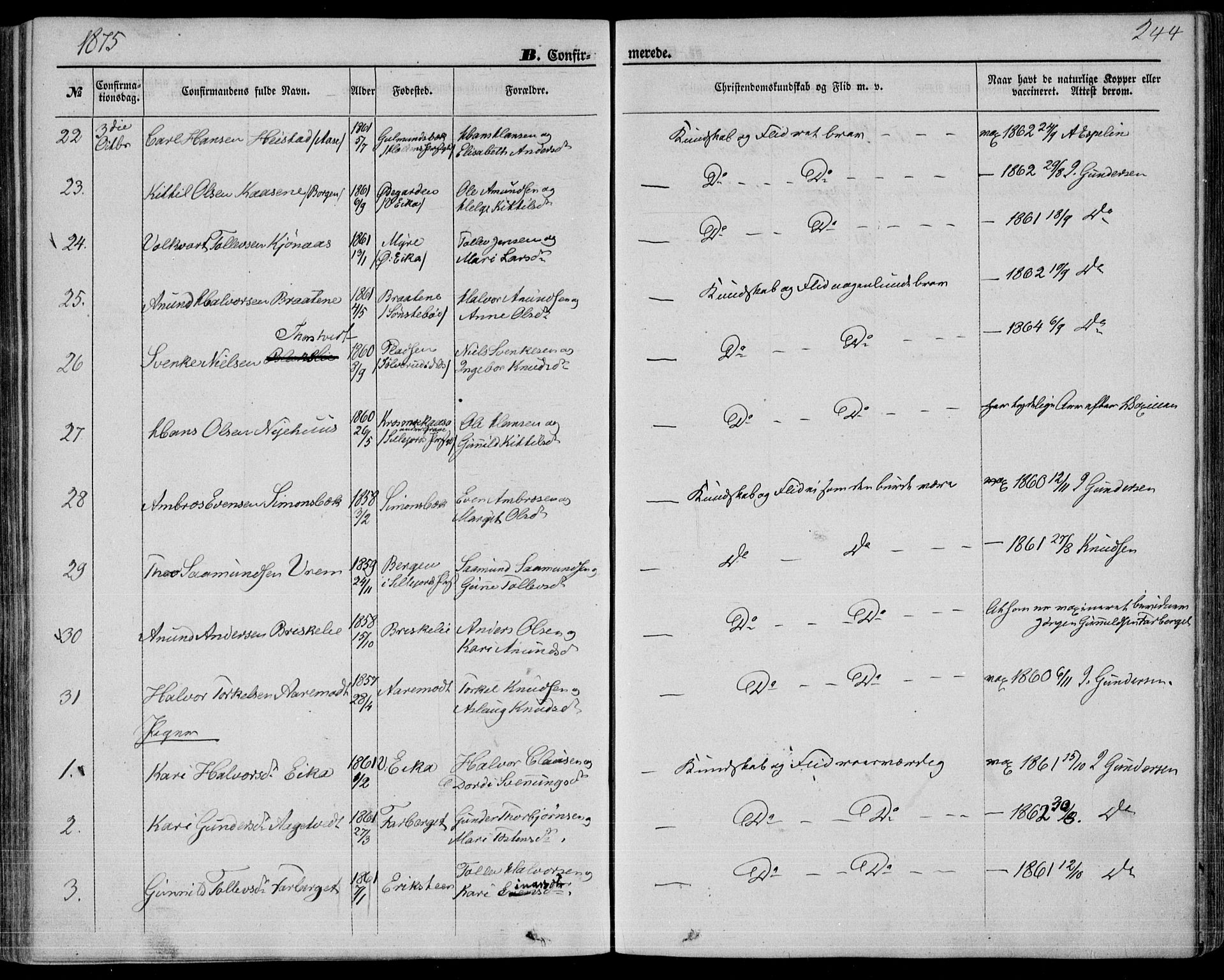 Bø kirkebøker, SAKO/A-257/F/Fa/L0009: Parish register (official) no. 9, 1862-1879, p. 244
