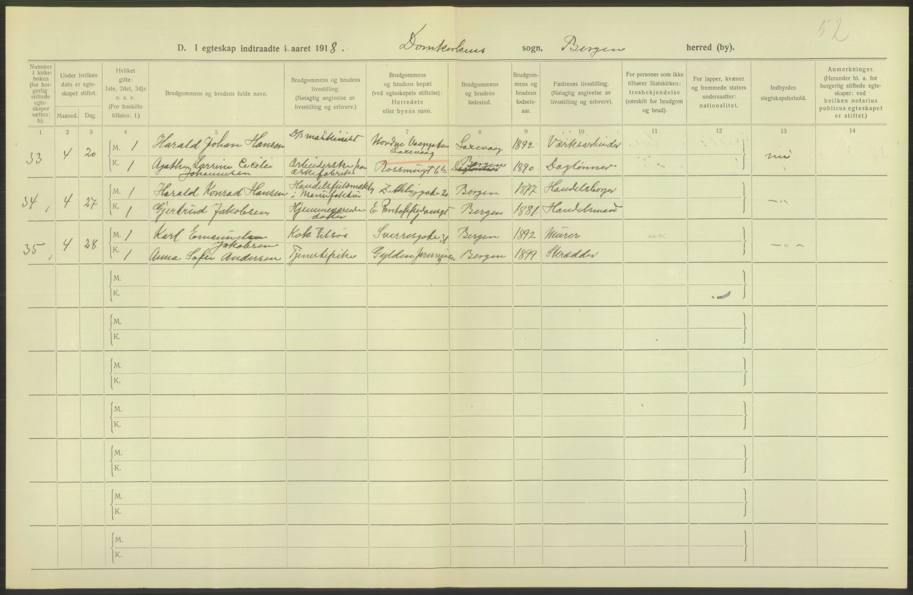 Statistisk sentralbyrå, Sosiodemografiske emner, Befolkning, RA/S-2228/D/Df/Dfb/Dfbh/L0038: Bergen: Gifte, dødfødte., 1918, p. 280