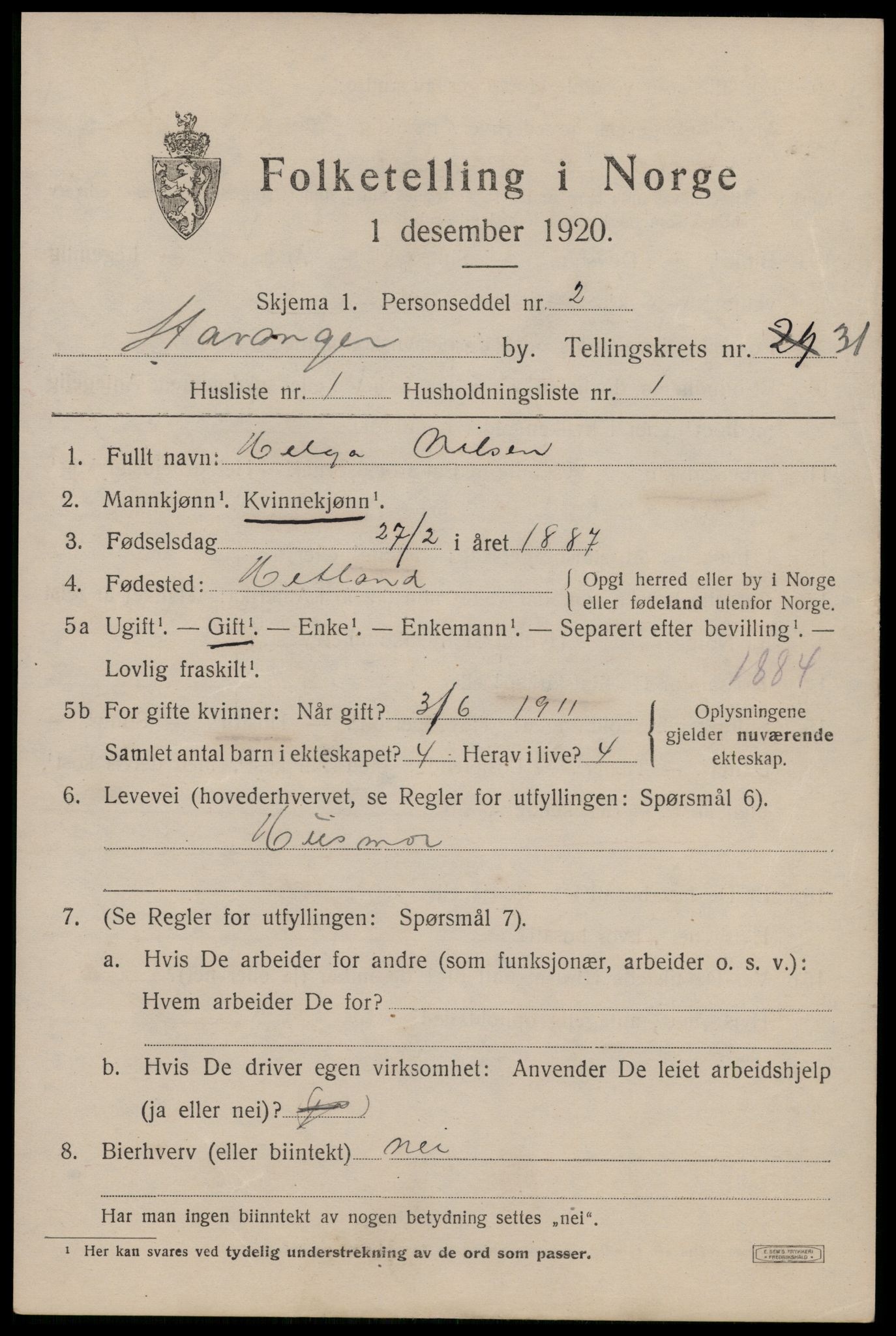 SAST, 1920 census for Stavanger, 1920, p. 86850