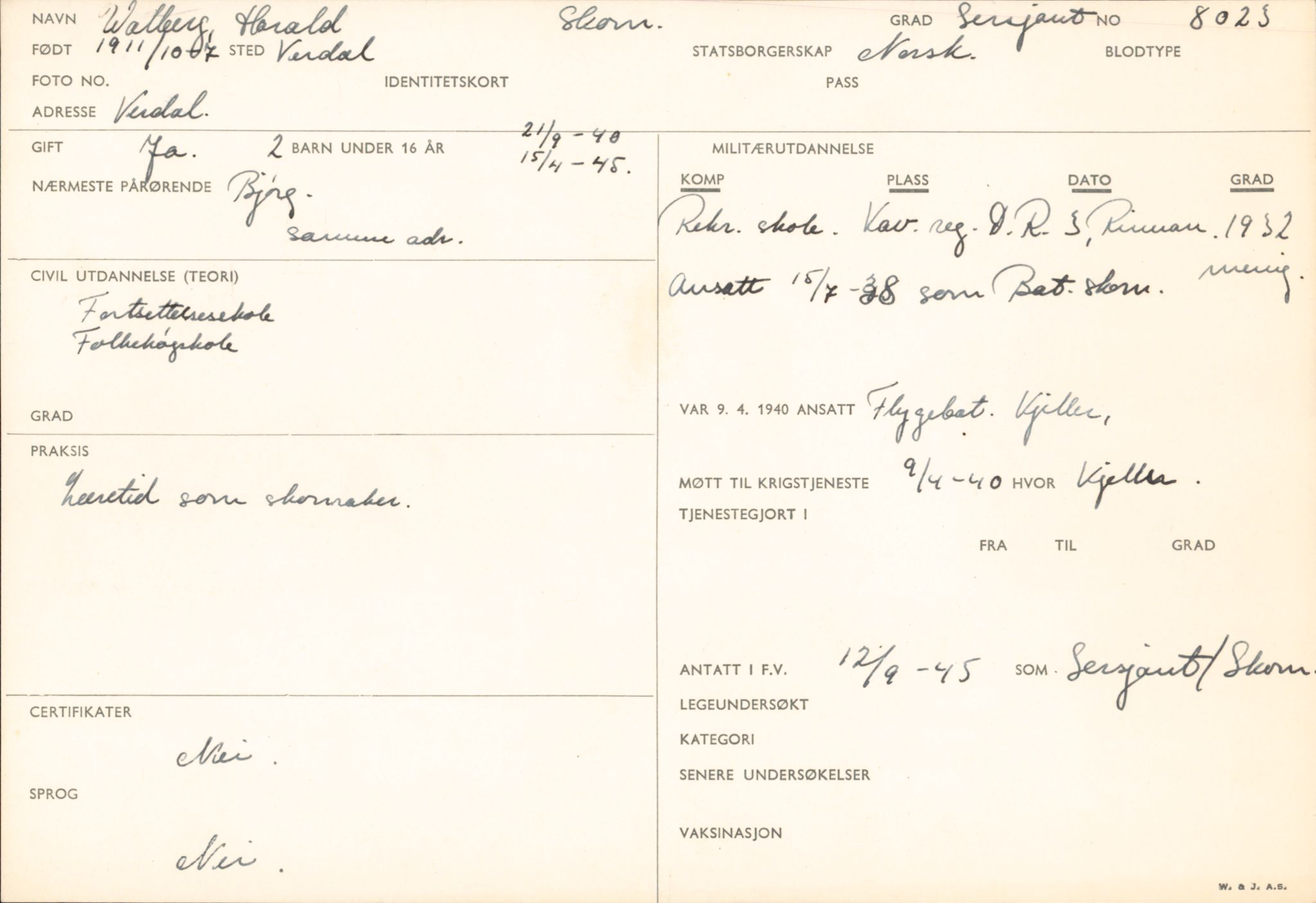 Forsvaret, Forsvarets overkommando/Luftforsvarsstaben, RA/RAFA-4079/P/Pa/L0028: Personellpapirer, 1911, p. 294