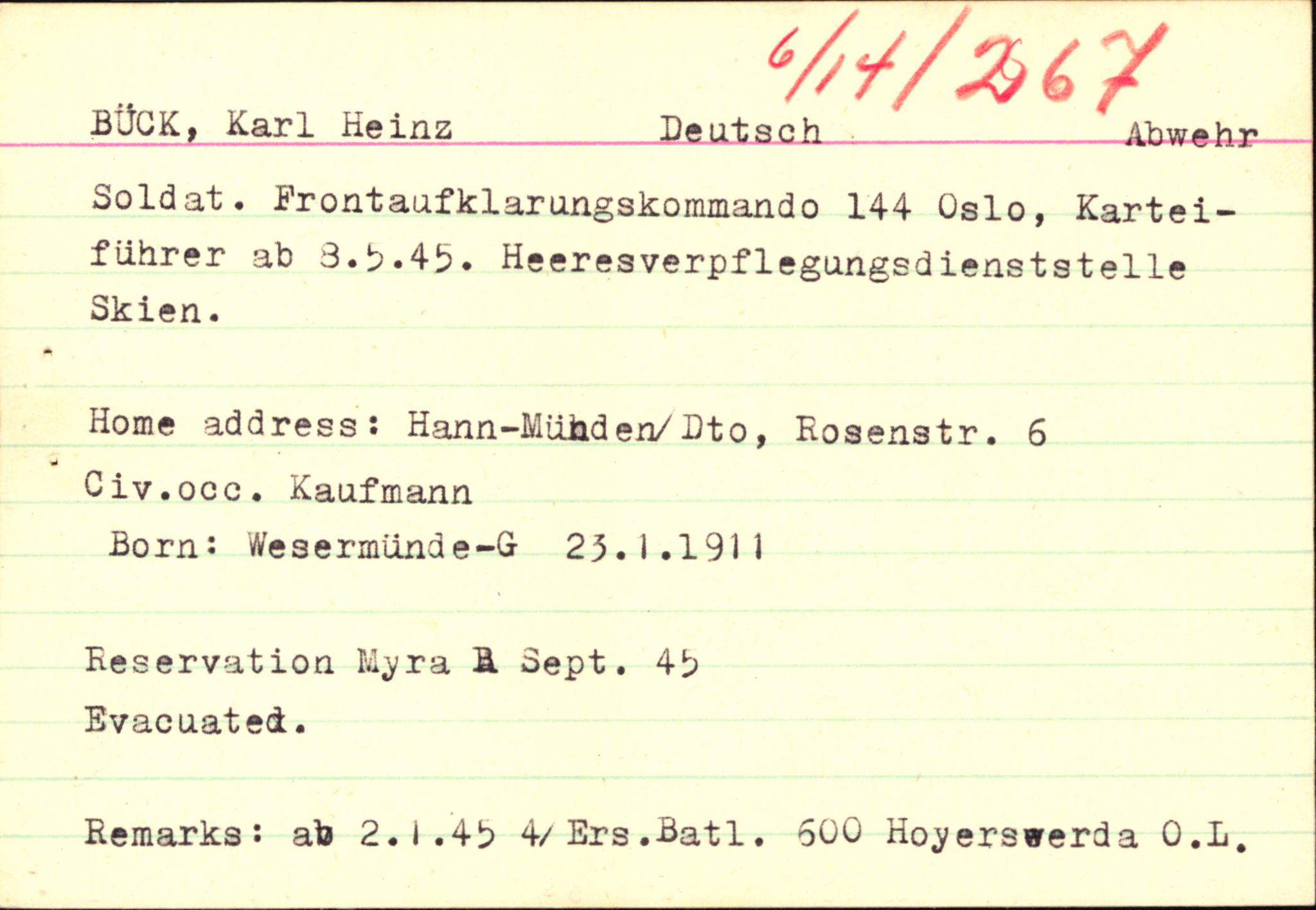 Forsvaret, Forsvarets overkommando II, RA/RAFA-3915/D/Db/L0004: CI Questionaires. Tyske okkupasjonsstyrker i Norge. Tyskere., 1945-1946, p. 434