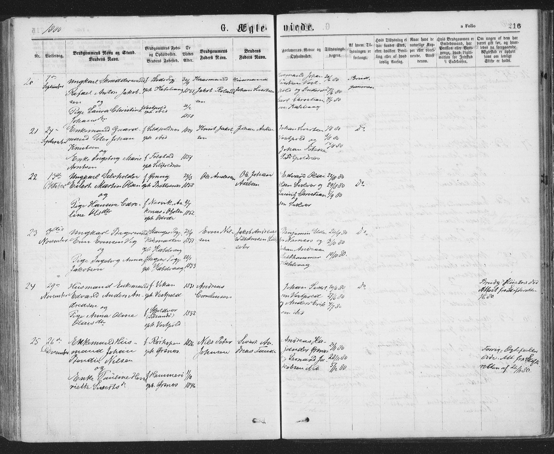 Ministerialprotokoller, klokkerbøker og fødselsregistre - Nordland, SAT/A-1459/874/L1058: Parish register (official) no. 874A02, 1878-1883, p. 216