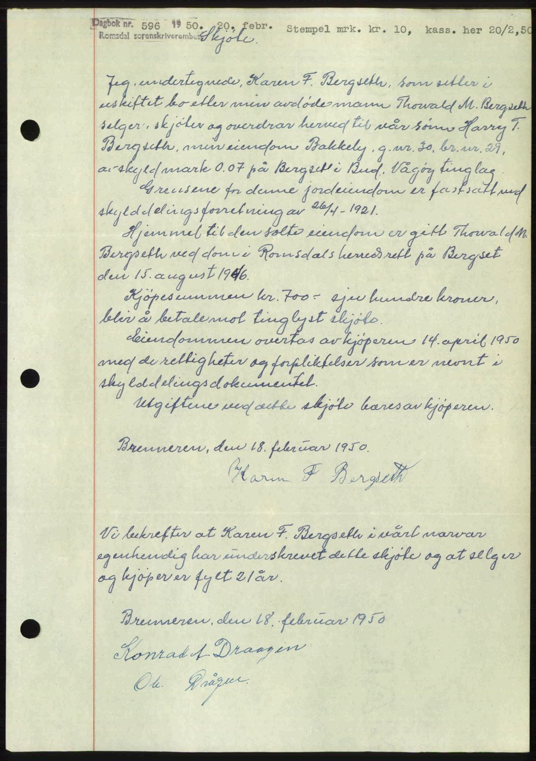 Romsdal sorenskriveri, AV/SAT-A-4149/1/2/2C: Mortgage book no. A32, 1950-1950, Diary no: : 596/1950