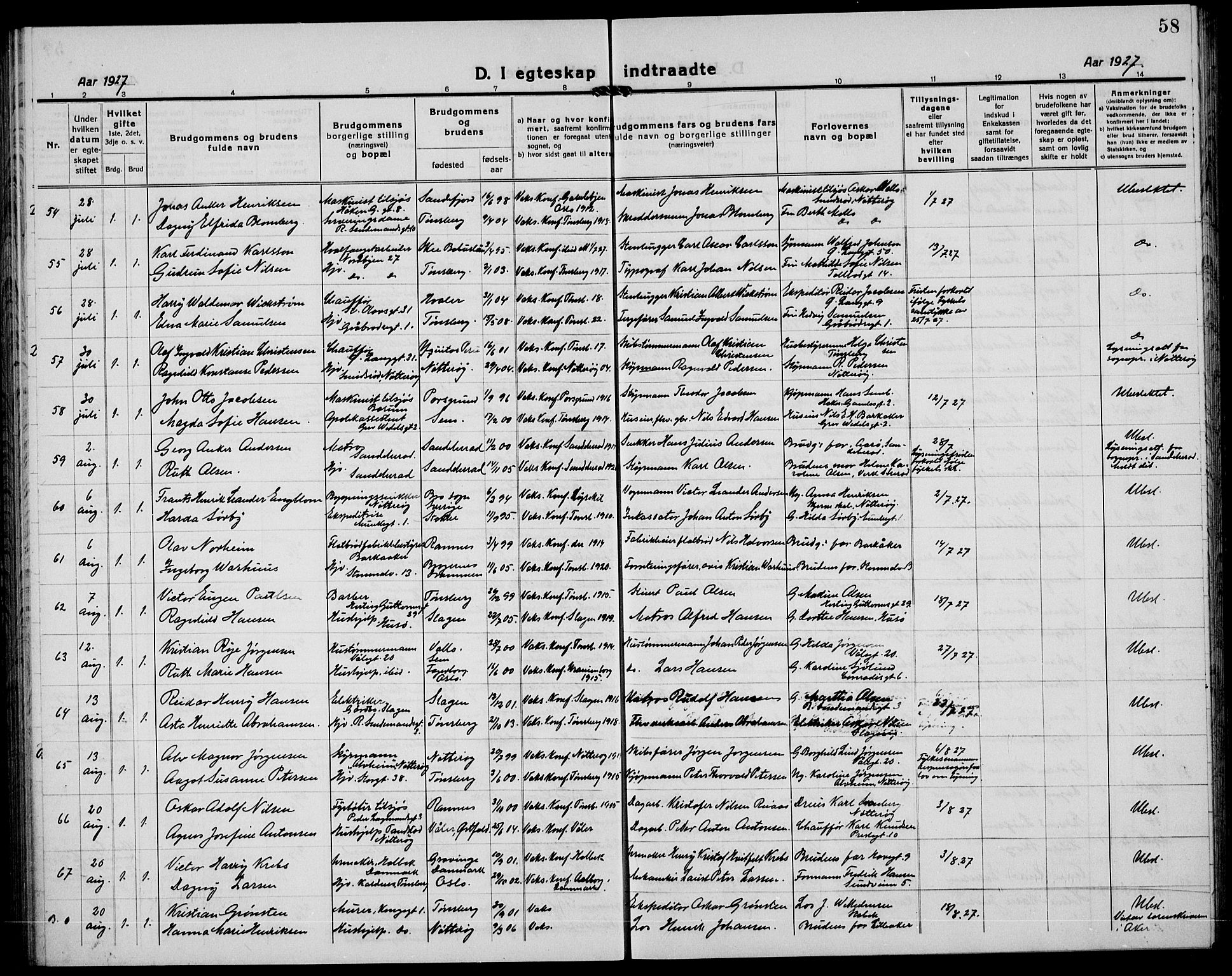 Tønsberg kirkebøker, AV/SAKO-A-330/G/Ga/L0016: Parish register (copy) no. 16, 1920-1933, p. 58