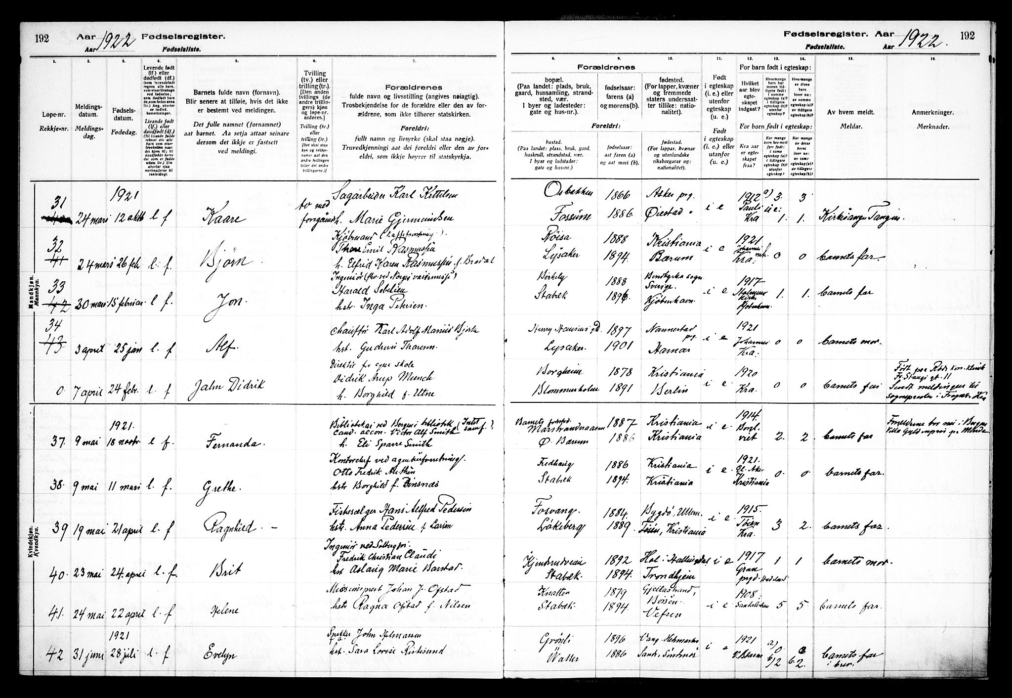 Østre Bærum prestekontor Kirkebøker, AV/SAO-A-10887/J/Ja/L0001: Birth register no. 1, 1916-1922, p. 192