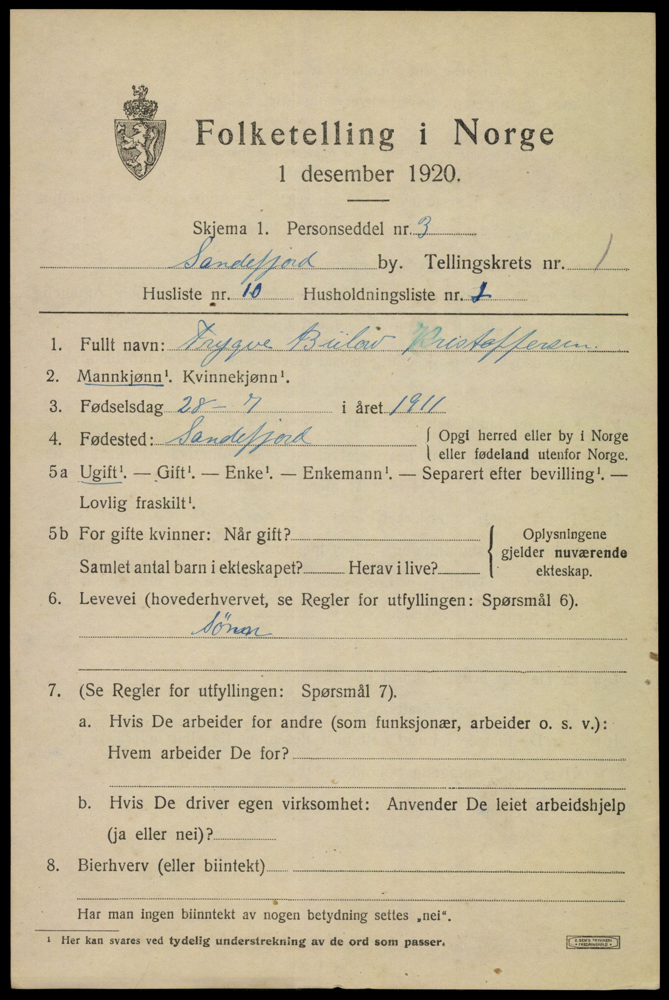 SAKO, 1920 census for Sandefjord, 1920, p. 4312