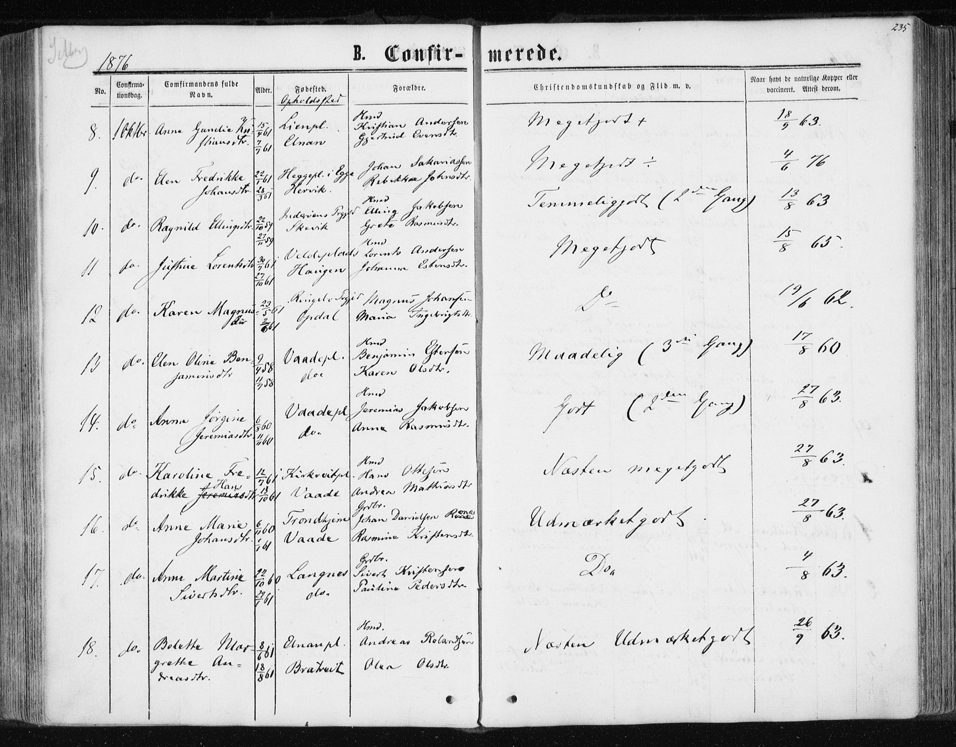 Ministerialprotokoller, klokkerbøker og fødselsregistre - Nord-Trøndelag, AV/SAT-A-1458/741/L0394: Parish register (official) no. 741A08, 1864-1877, p. 235