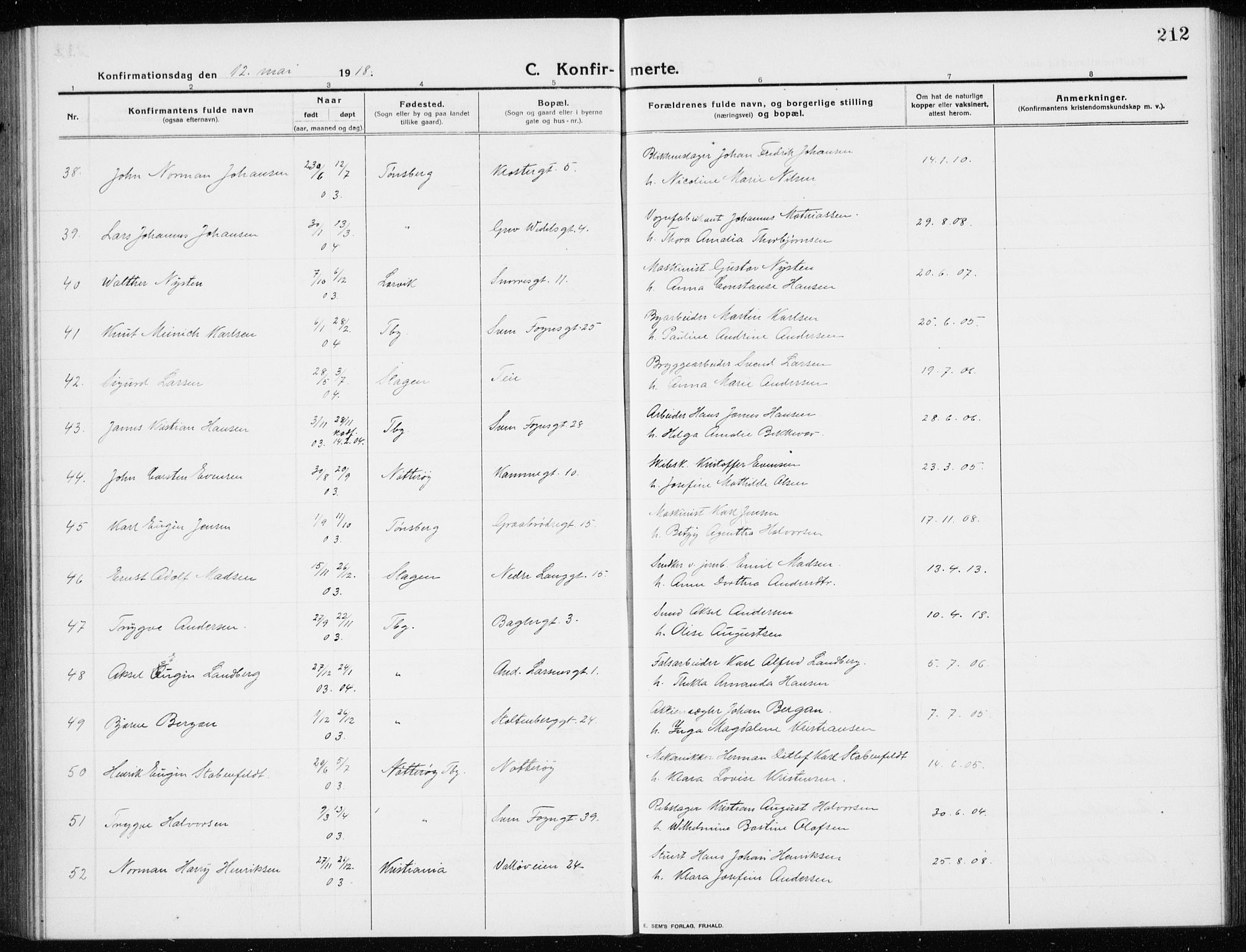 Tønsberg kirkebøker, AV/SAKO-A-330/G/Ga/L0009: Parish register (copy) no. 9, 1913-1920, p. 212