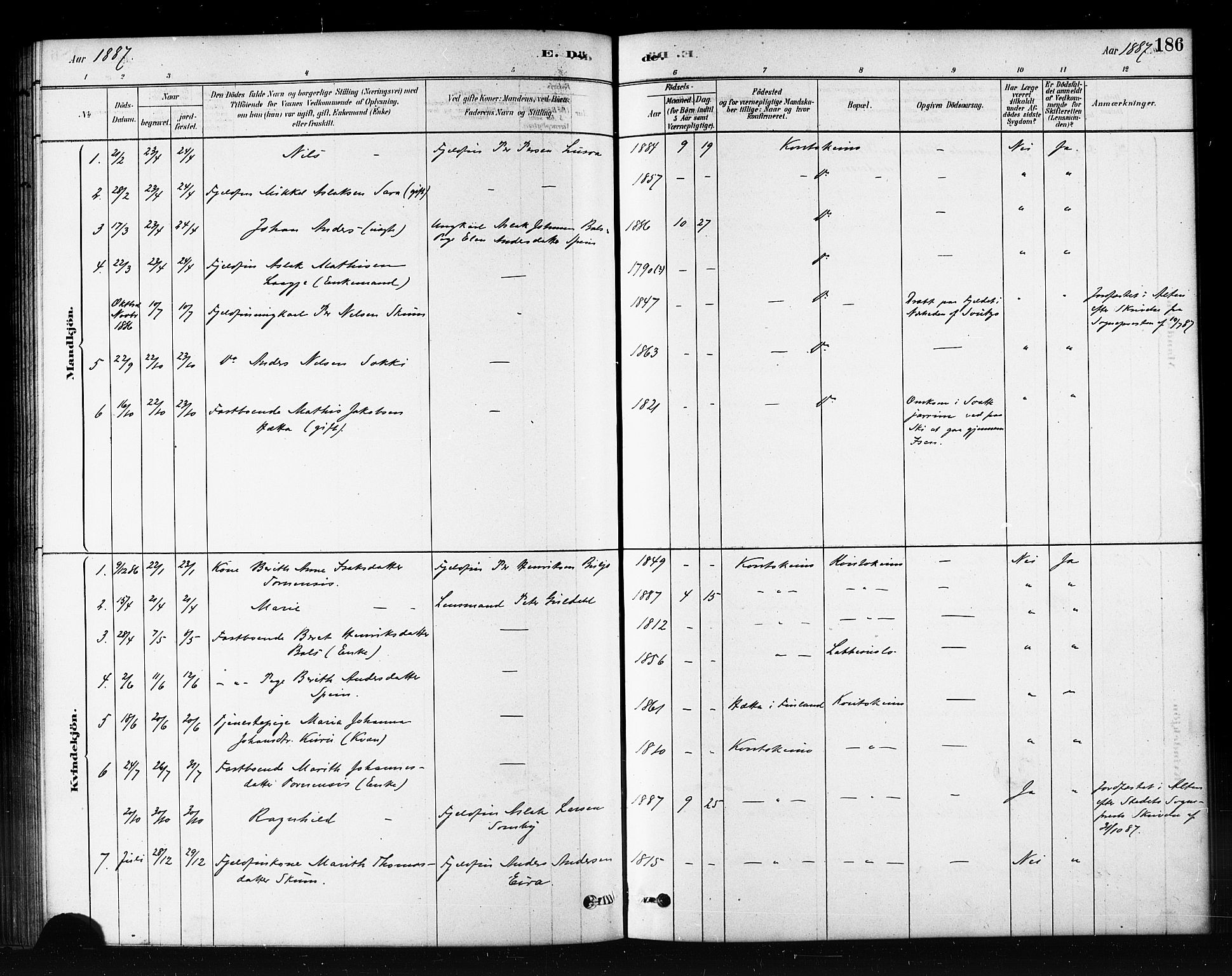 Kautokeino sokneprestembete, SATØ/S-1340/H/Hb/L0002.klokk: Parish register (copy) no. 2, 1877-1896, p. 186