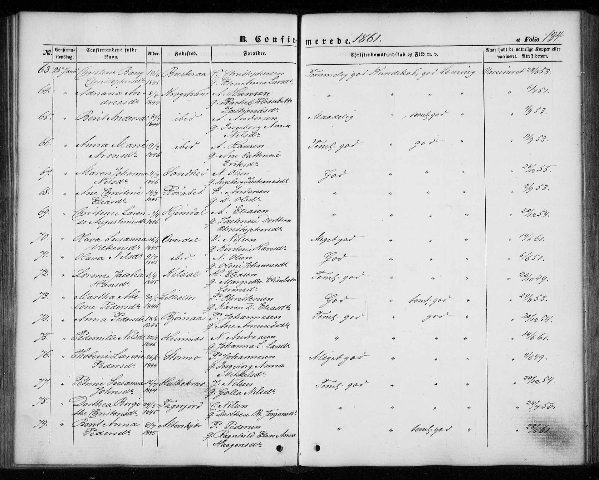 Ministerialprotokoller, klokkerbøker og fødselsregistre - Nordland, AV/SAT-A-1459/827/L0392: Parish register (official) no. 827A04, 1853-1866, p. 134