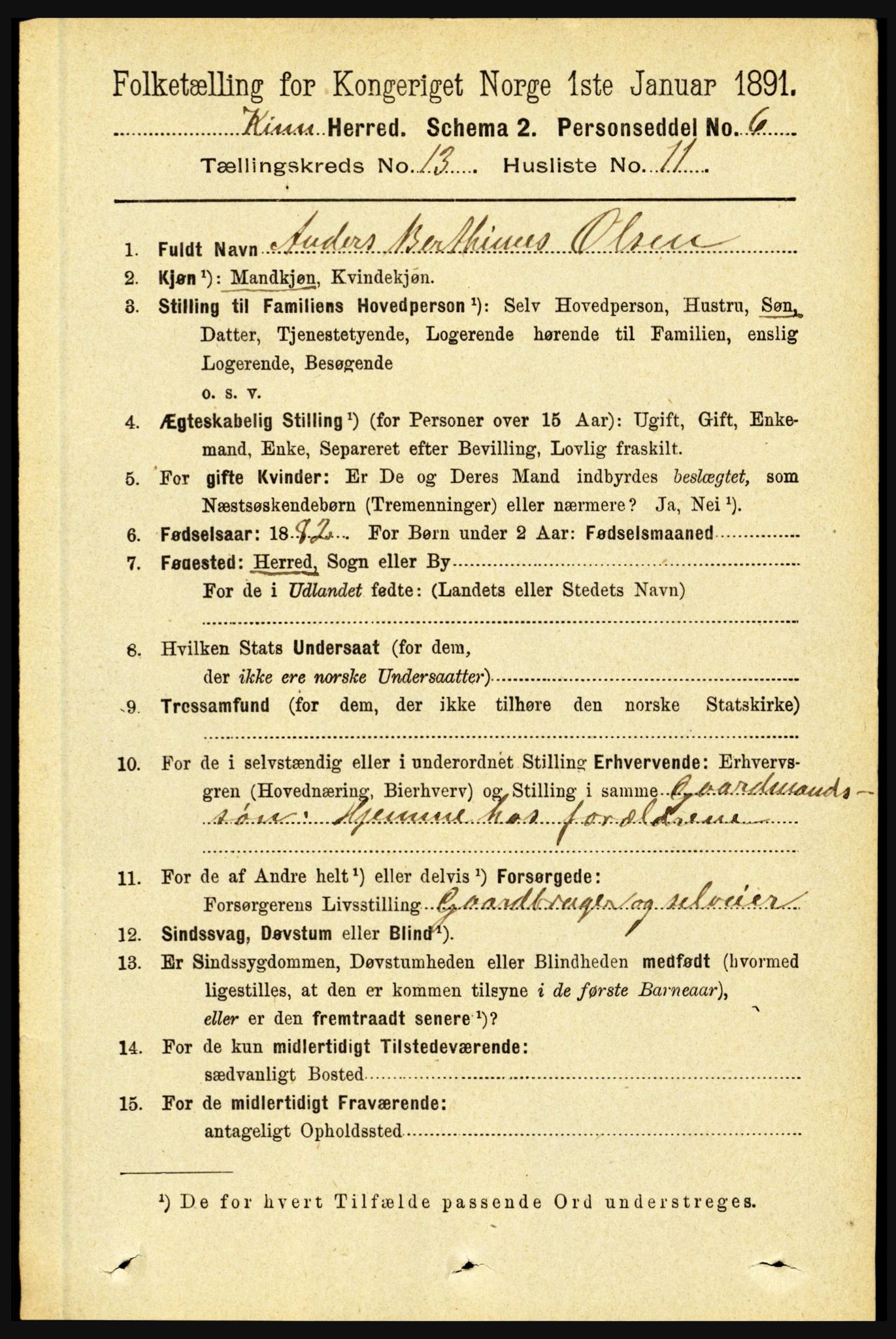 RA, 1891 census for 1437 Kinn, 1891, p. 5131