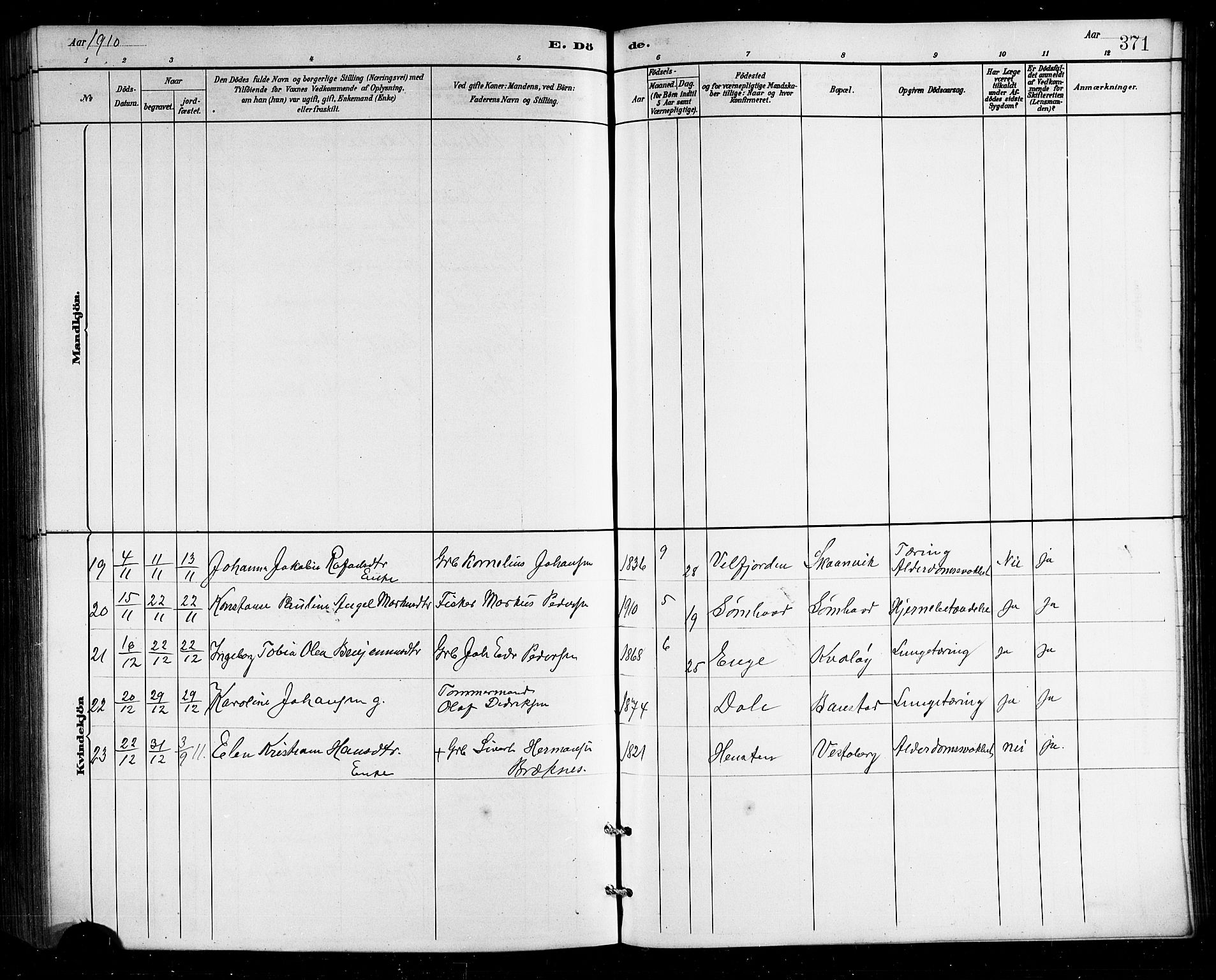 Ministerialprotokoller, klokkerbøker og fødselsregistre - Nordland, SAT/A-1459/812/L0188: Parish register (copy) no. 812C06, 1884-1912, p. 371
