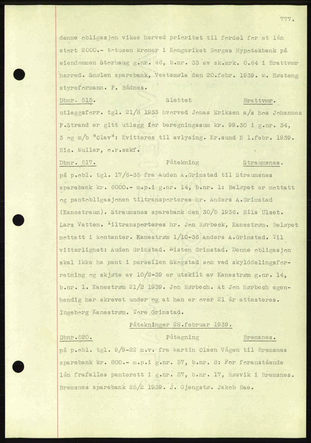 Nordmøre sorenskriveri, AV/SAT-A-4132/1/2/2Ca: Mortgage book no. C80, 1936-1939, Diary no: : 515/1939