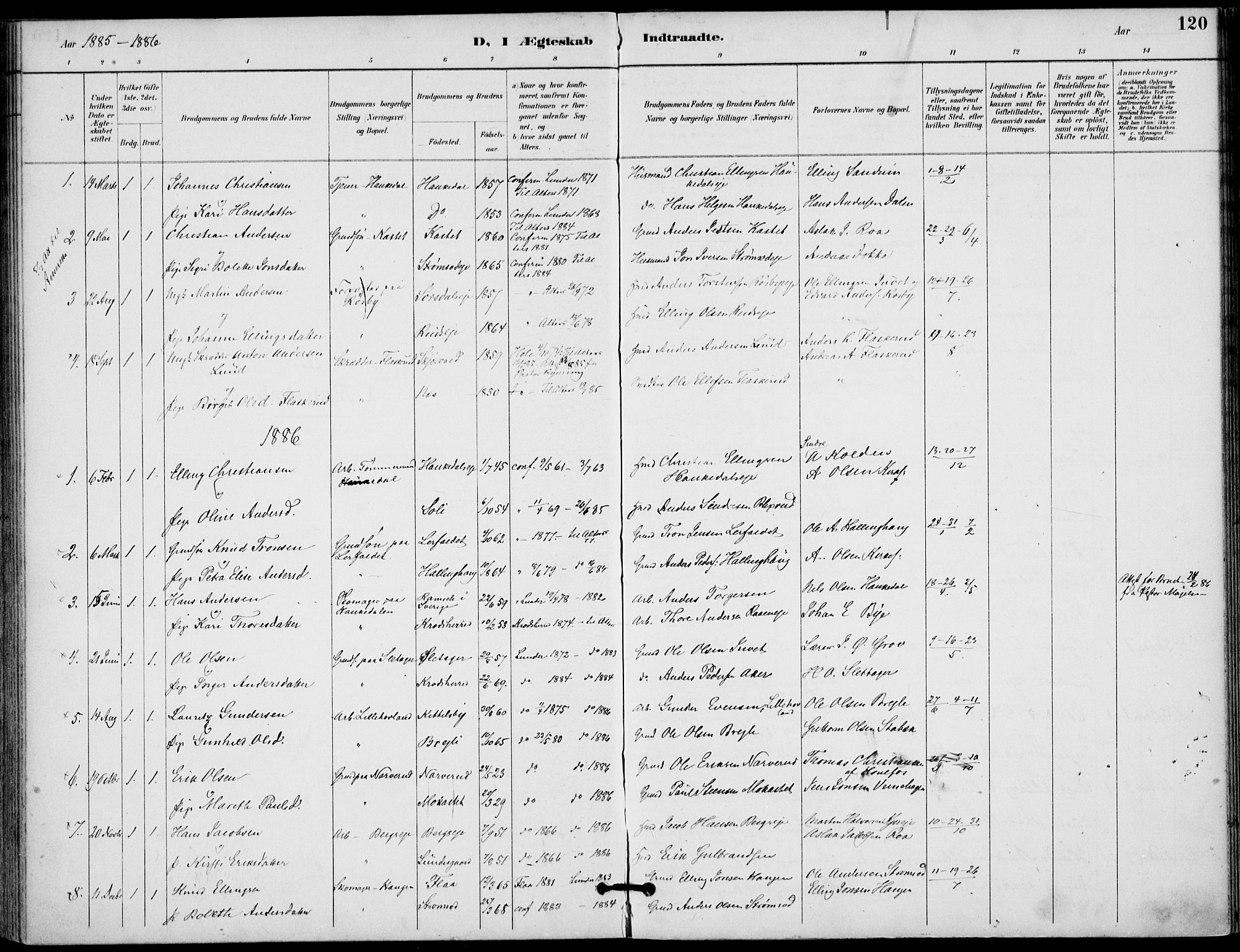 Lunder kirkebøker, AV/SAKO-A-629/F/Fa/L0001: Parish register (official) no. I 1, 1885-1912, p. 120