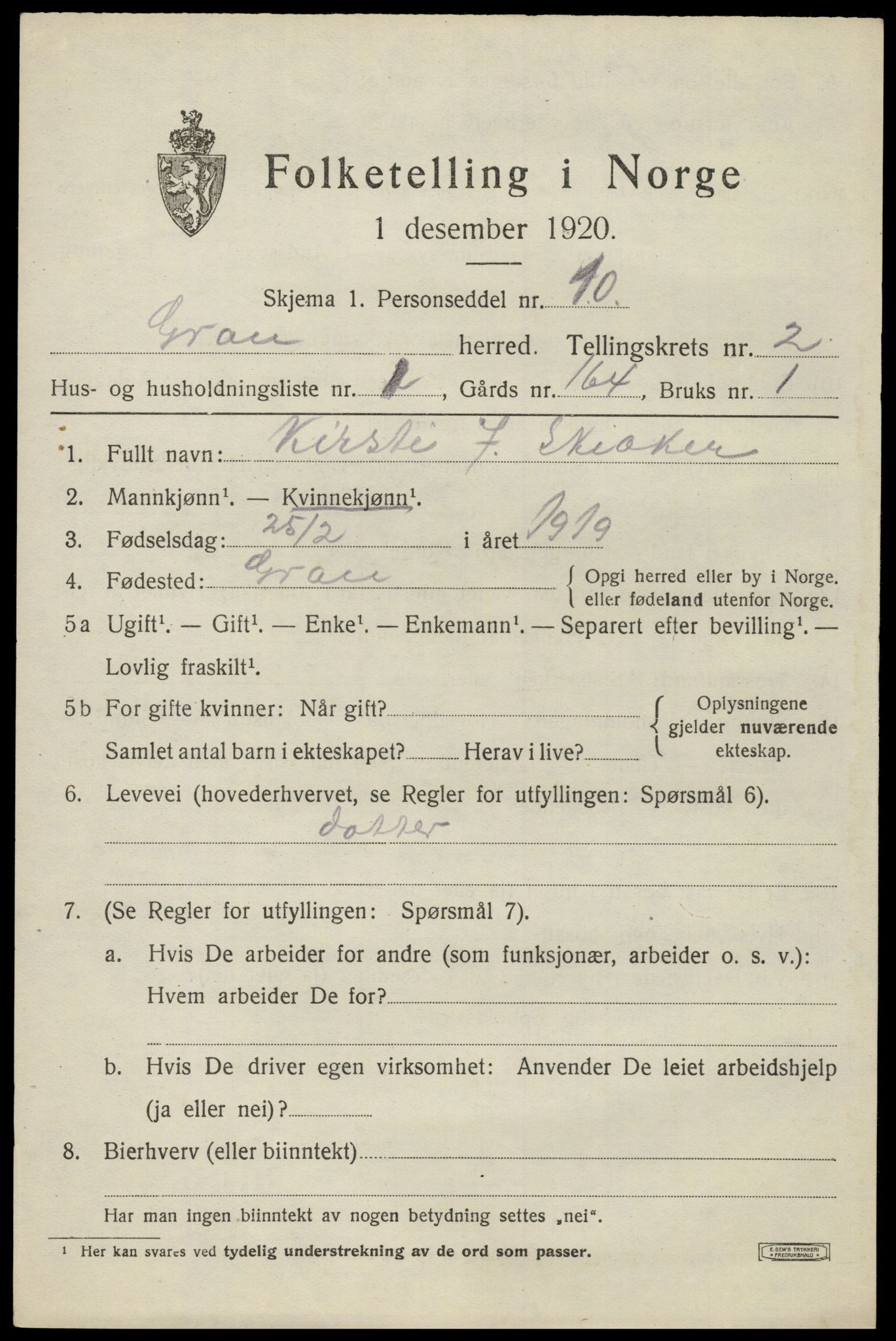 SAH, 1920 census for Gran, 1920, p. 3167