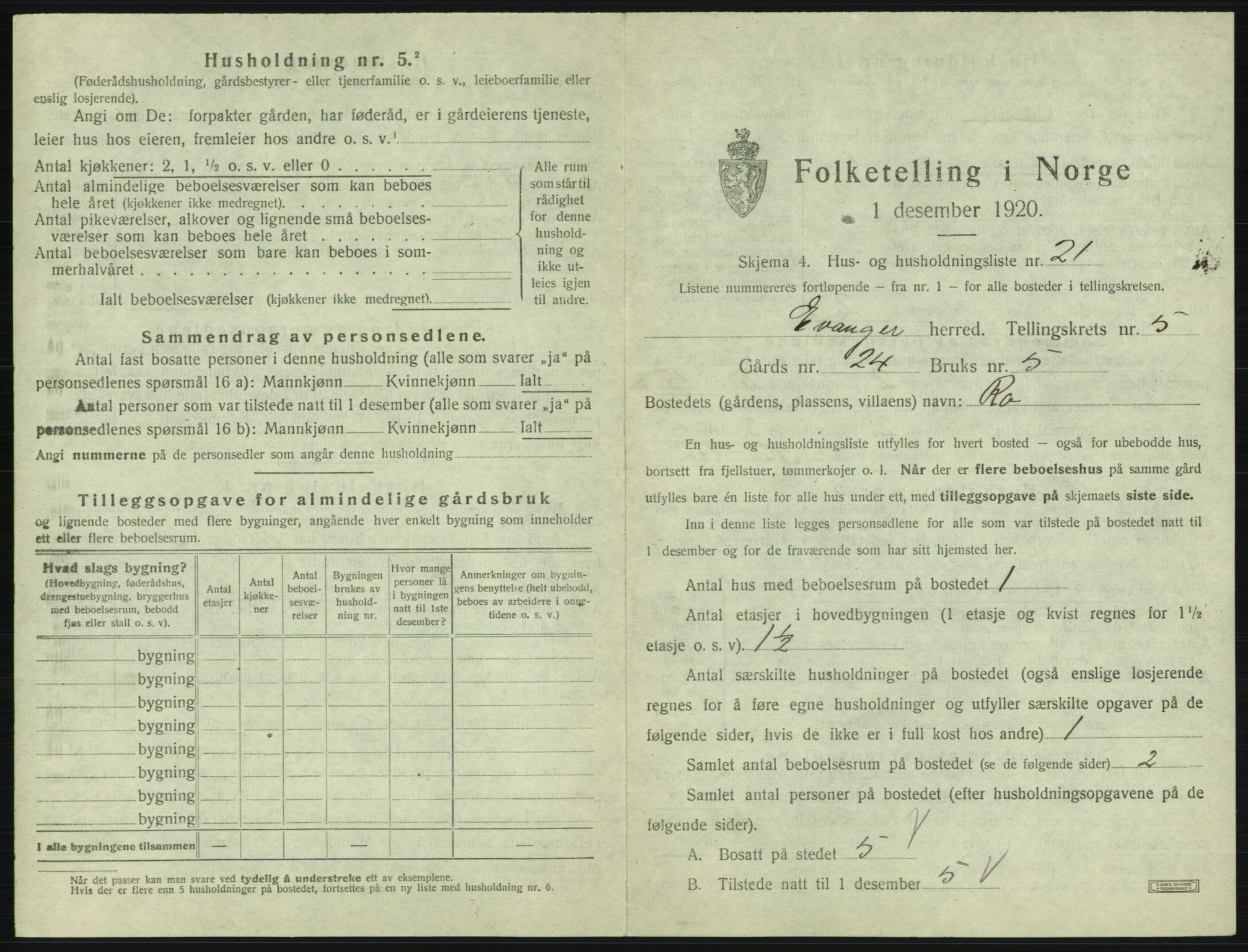 SAB, 1920 census for Evanger, 1920, p. 271