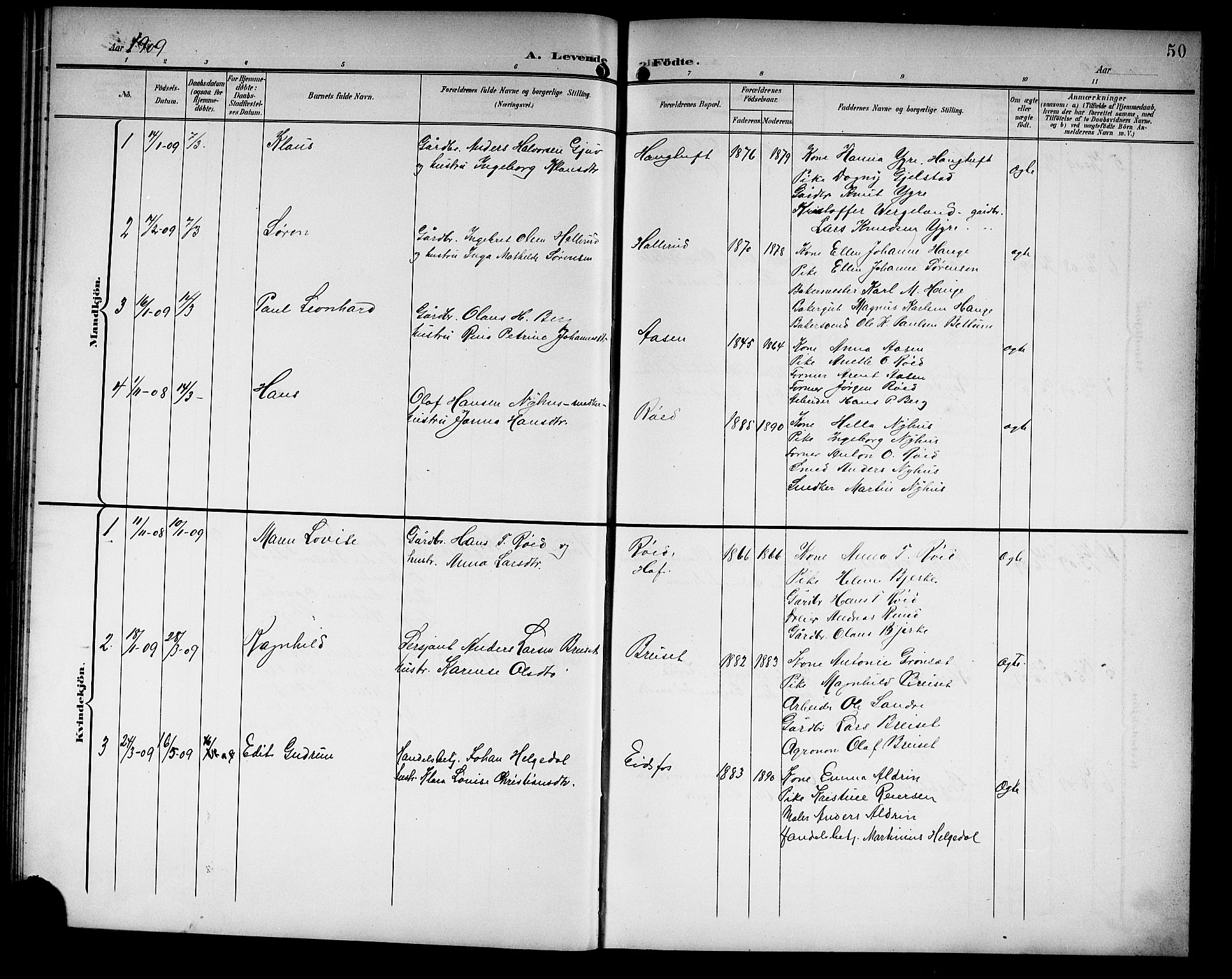 Hof kirkebøker, AV/SAKO-A-64/G/Ga/L0005: Parish register (copy) no. I 5, 1899-1922, p. 50